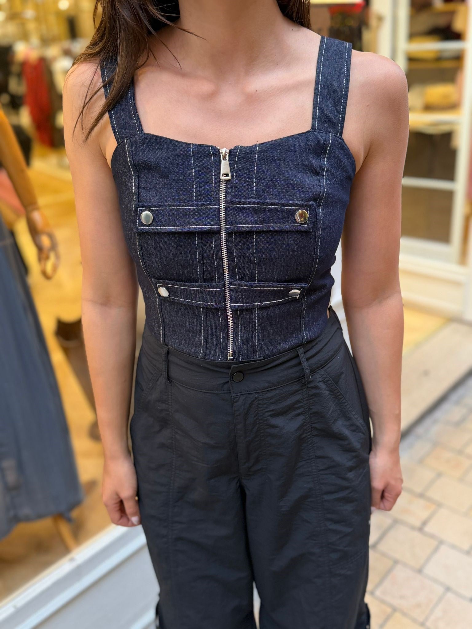 Lacivert Fermuarlı Denim Büstiyer