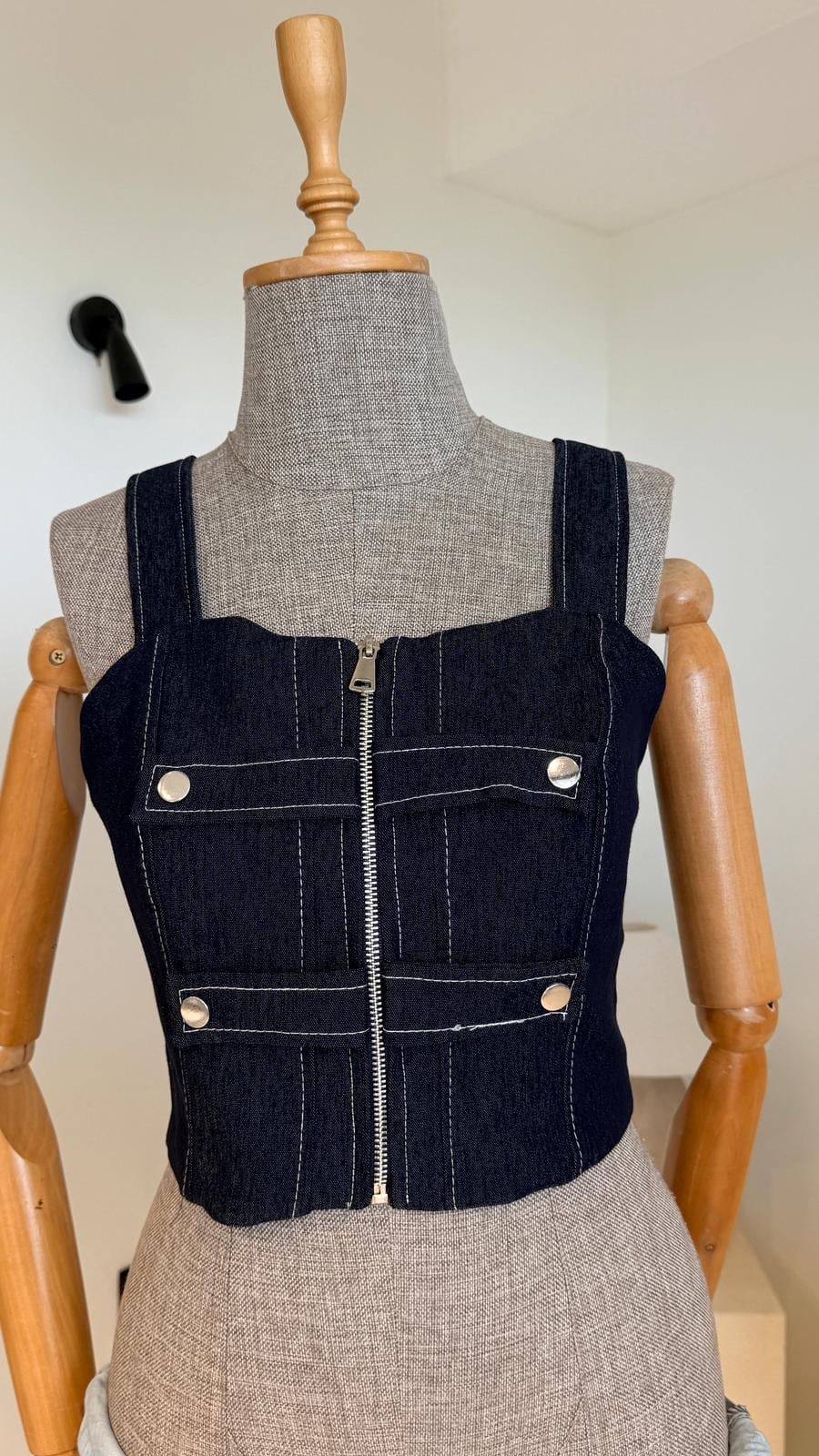 Lacivert Fermuarlı Denim Büstiyer