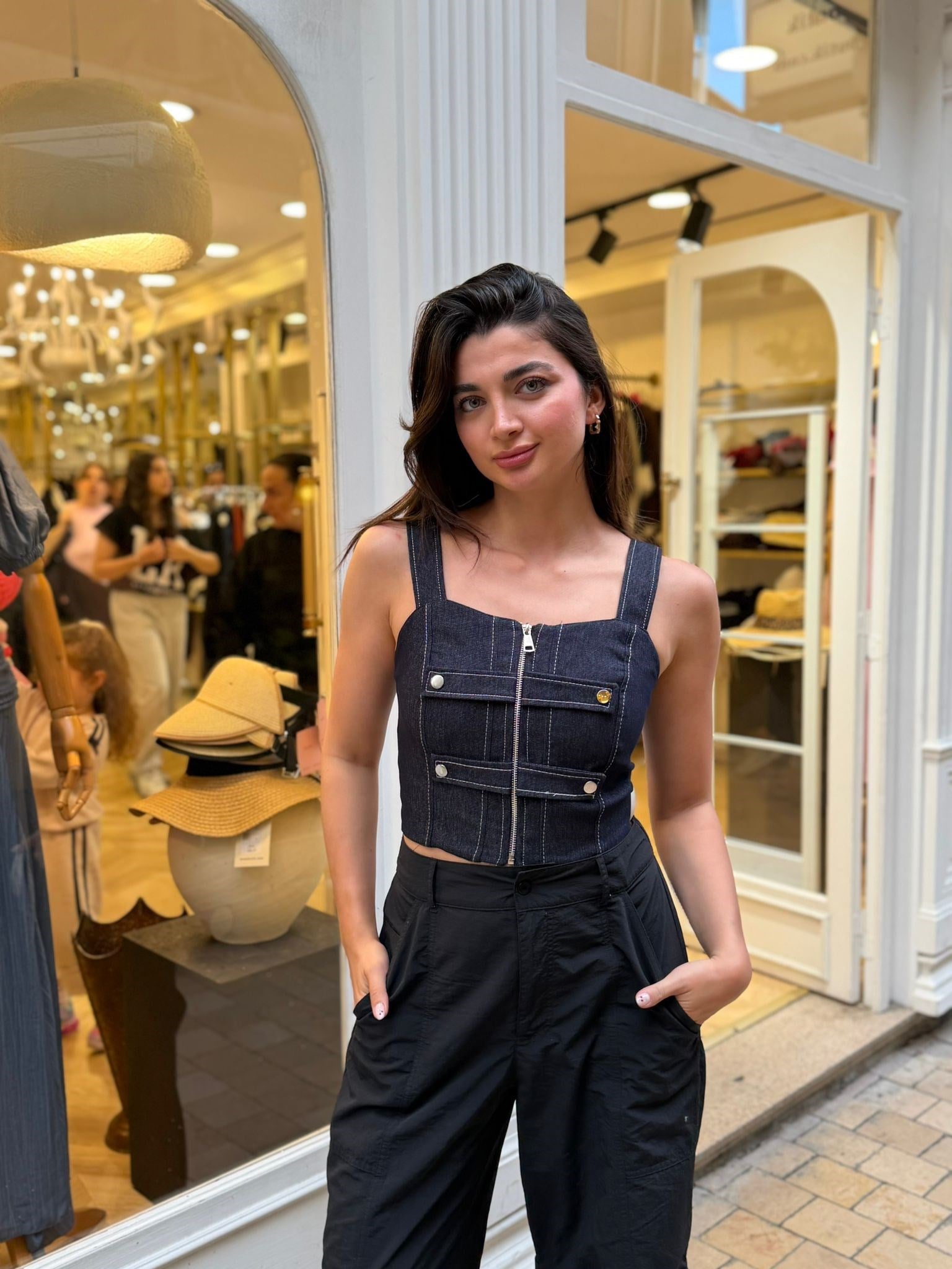 Lacivert Fermuarlı Denim Büstiyer