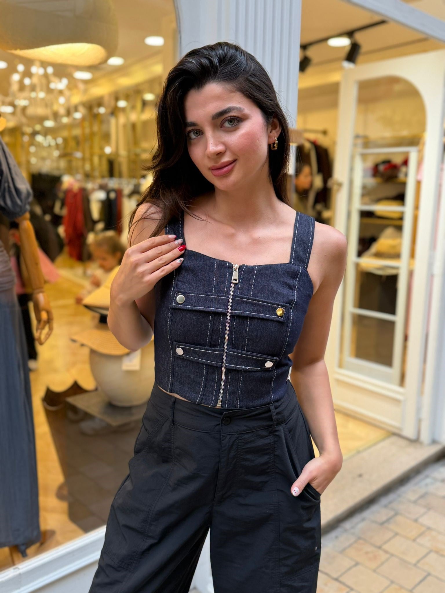 Lacivert Fermuarlı Denim Büstiyer