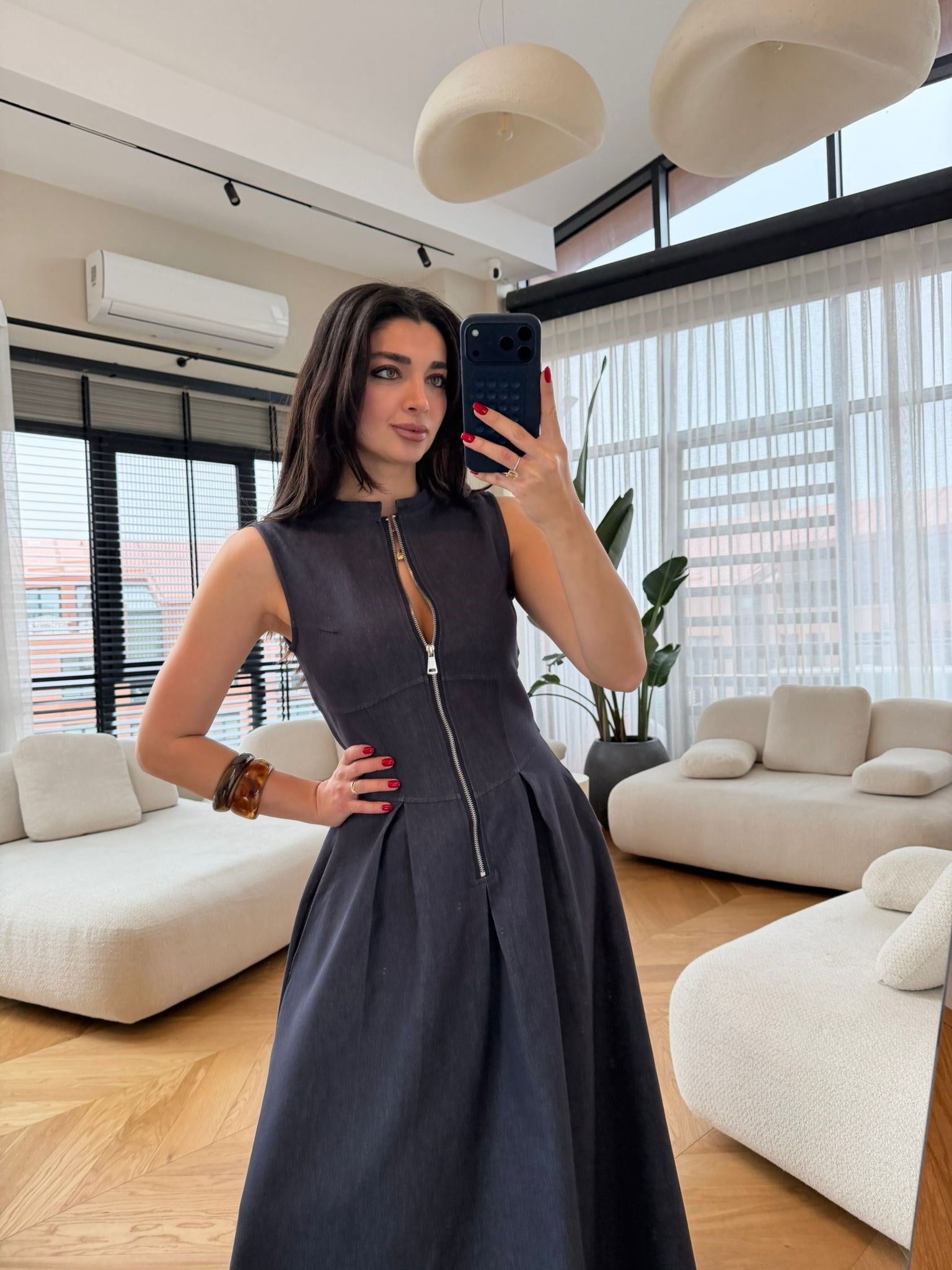 Lacivert Fermuarlı Likralı Denim Elbise