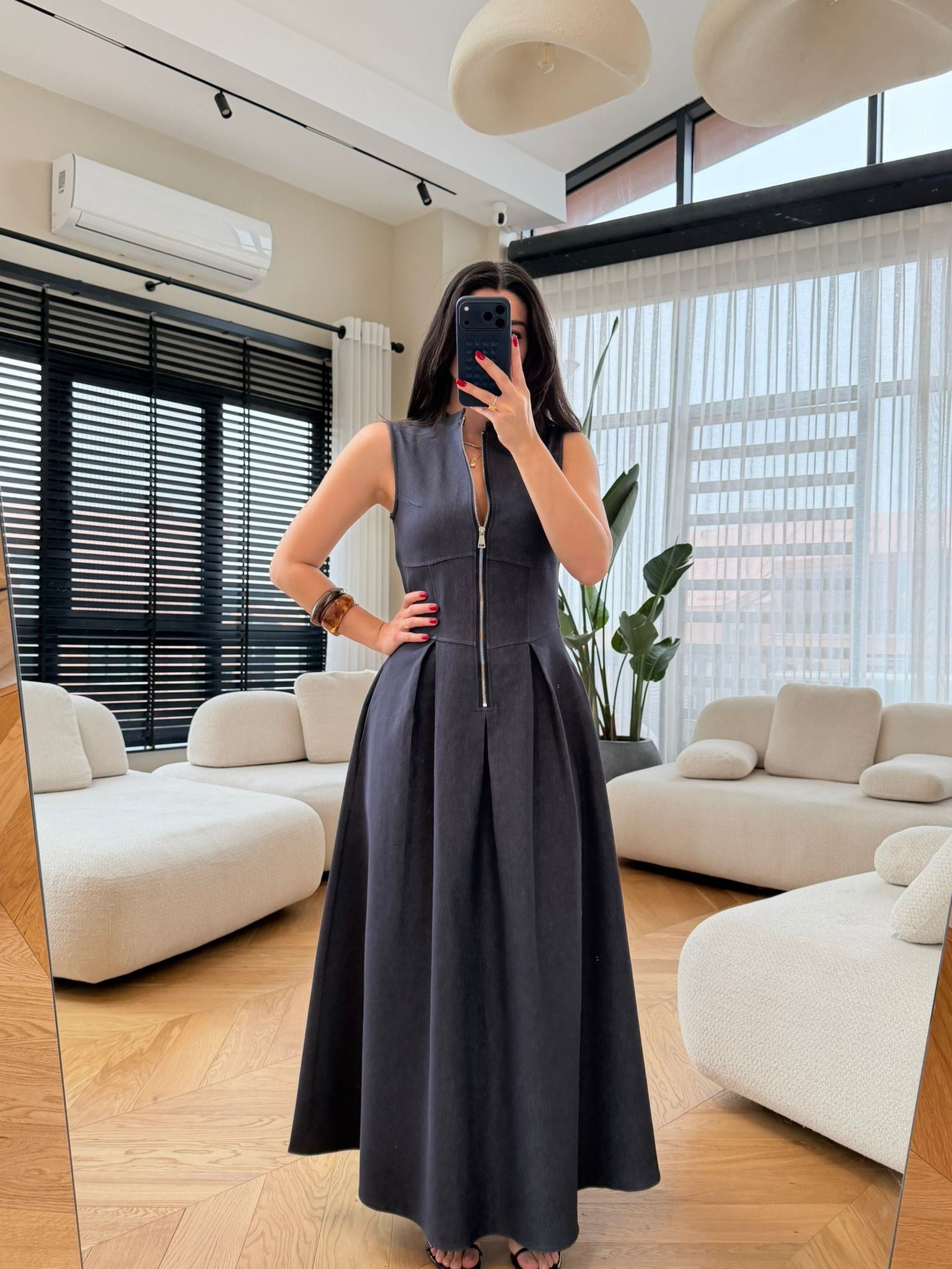 Lacivert Fermuarlı Likralı Denim Elbise