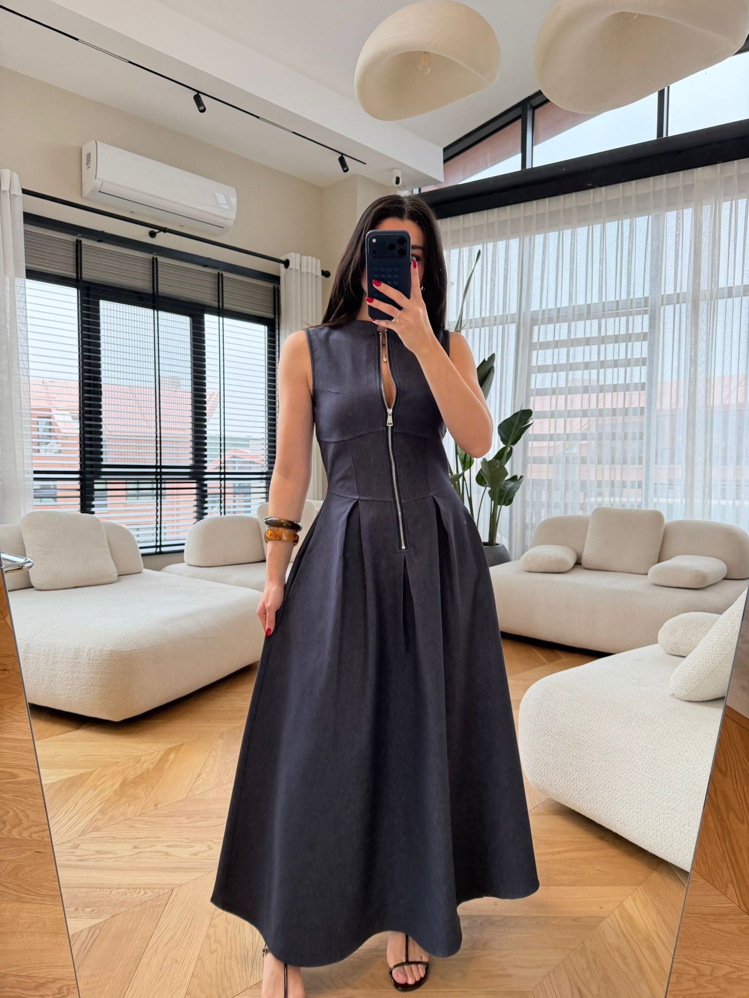 Lacivert Fermuarlı Likralı Denim Elbise