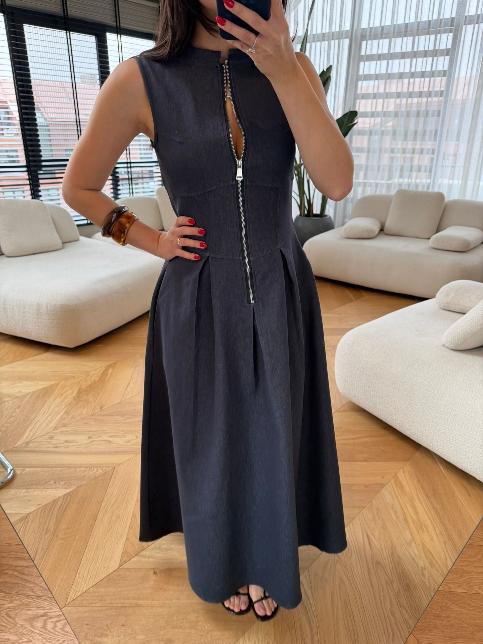 Lacivert Fermuarlı Likralı Denim Elbise