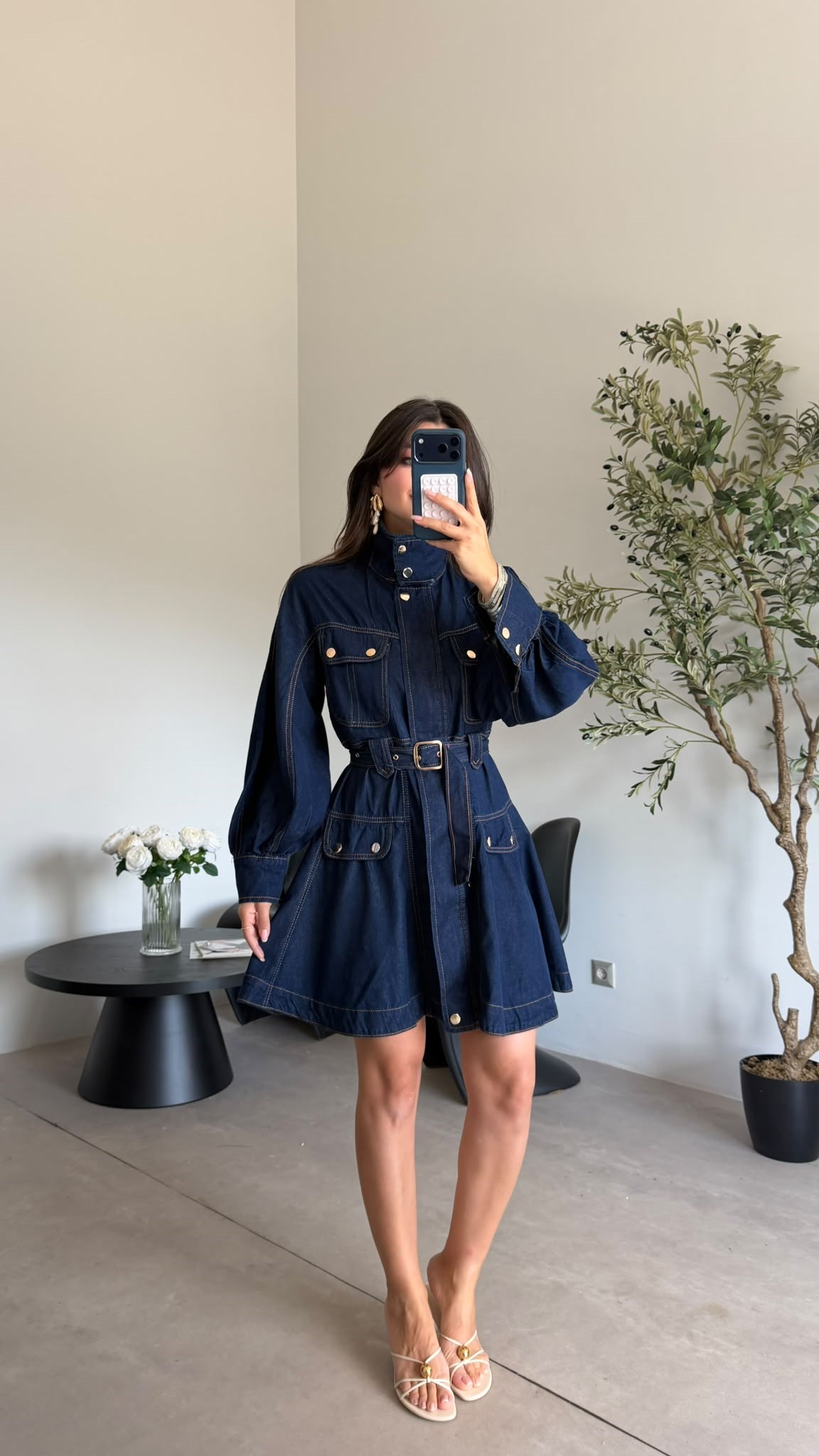Lacivert Gold Düğmeli Denim Elbise