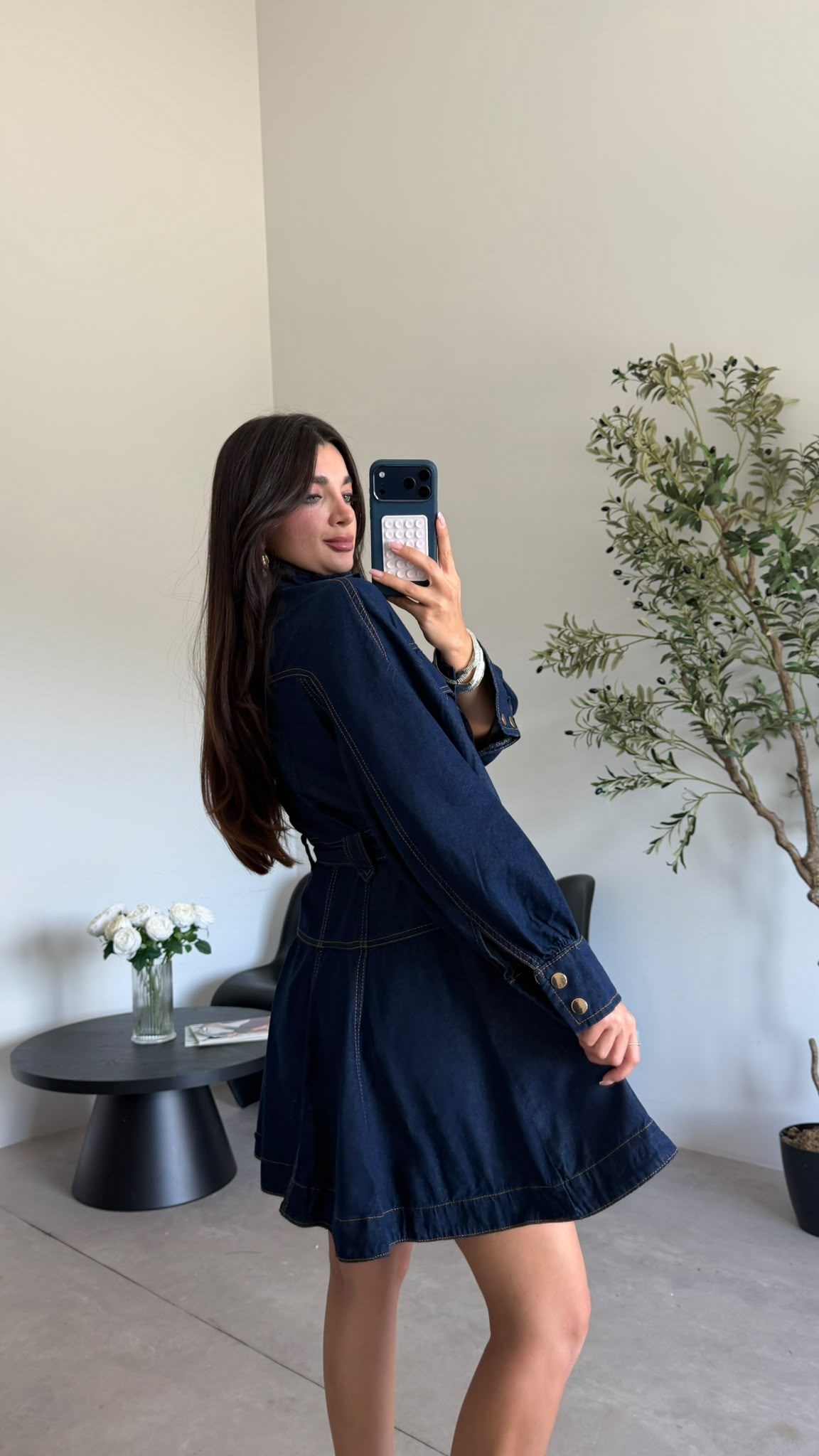 Lacivert Gold Düğmeli Denim Elbise