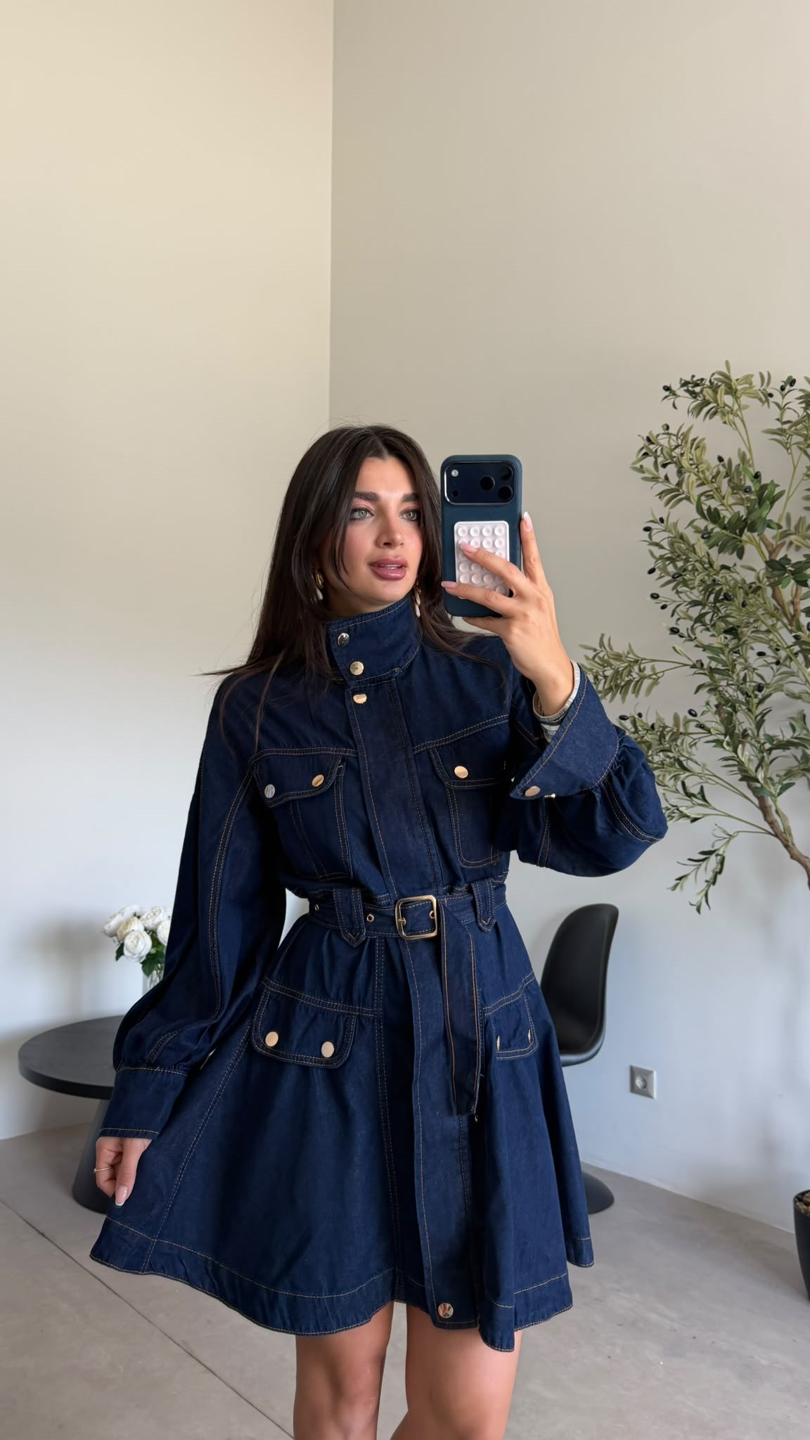 Lacivert Gold Düğmeli Denim Elbise