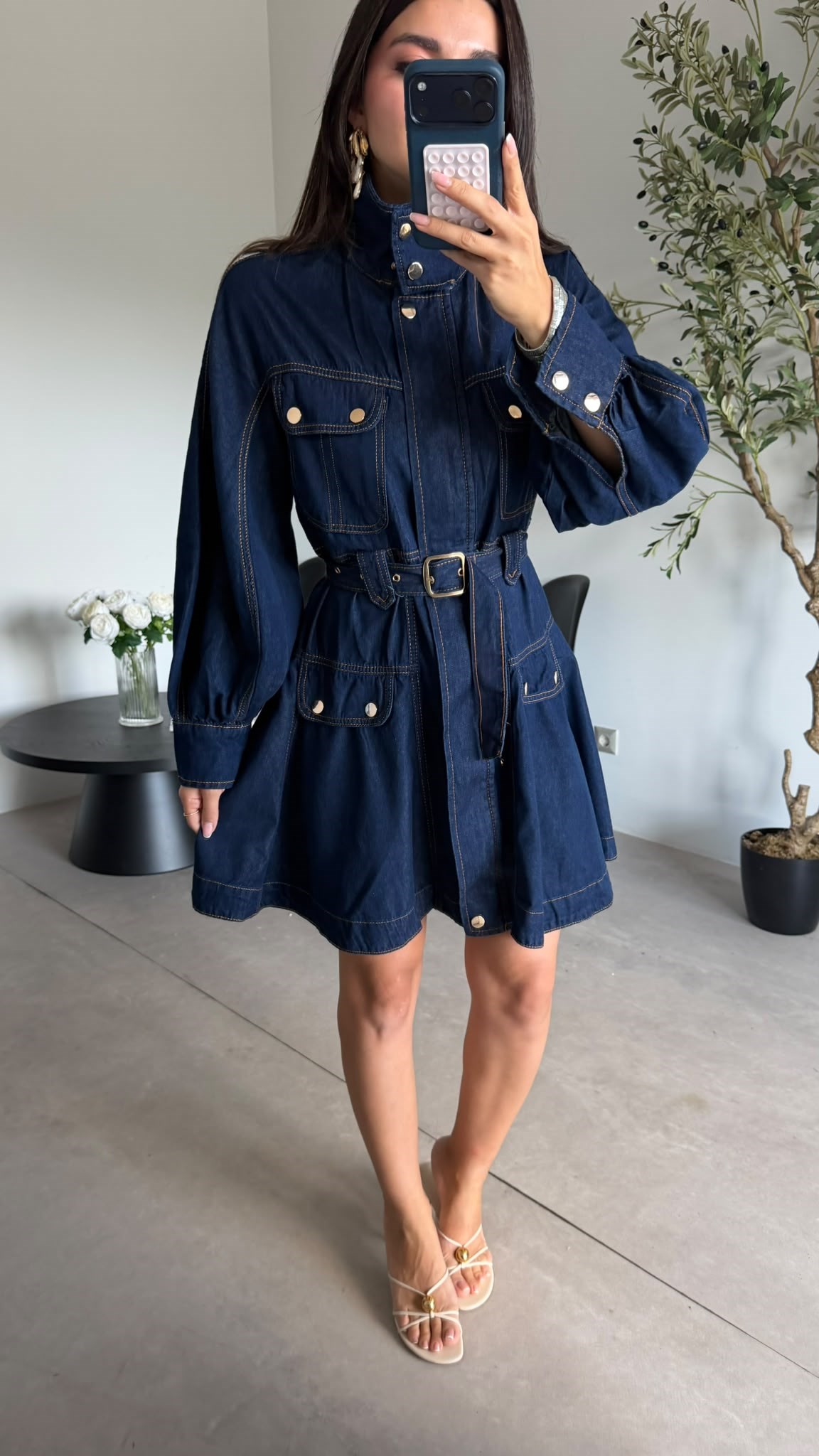 Lacivert Gold Düğmeli Denim Elbise