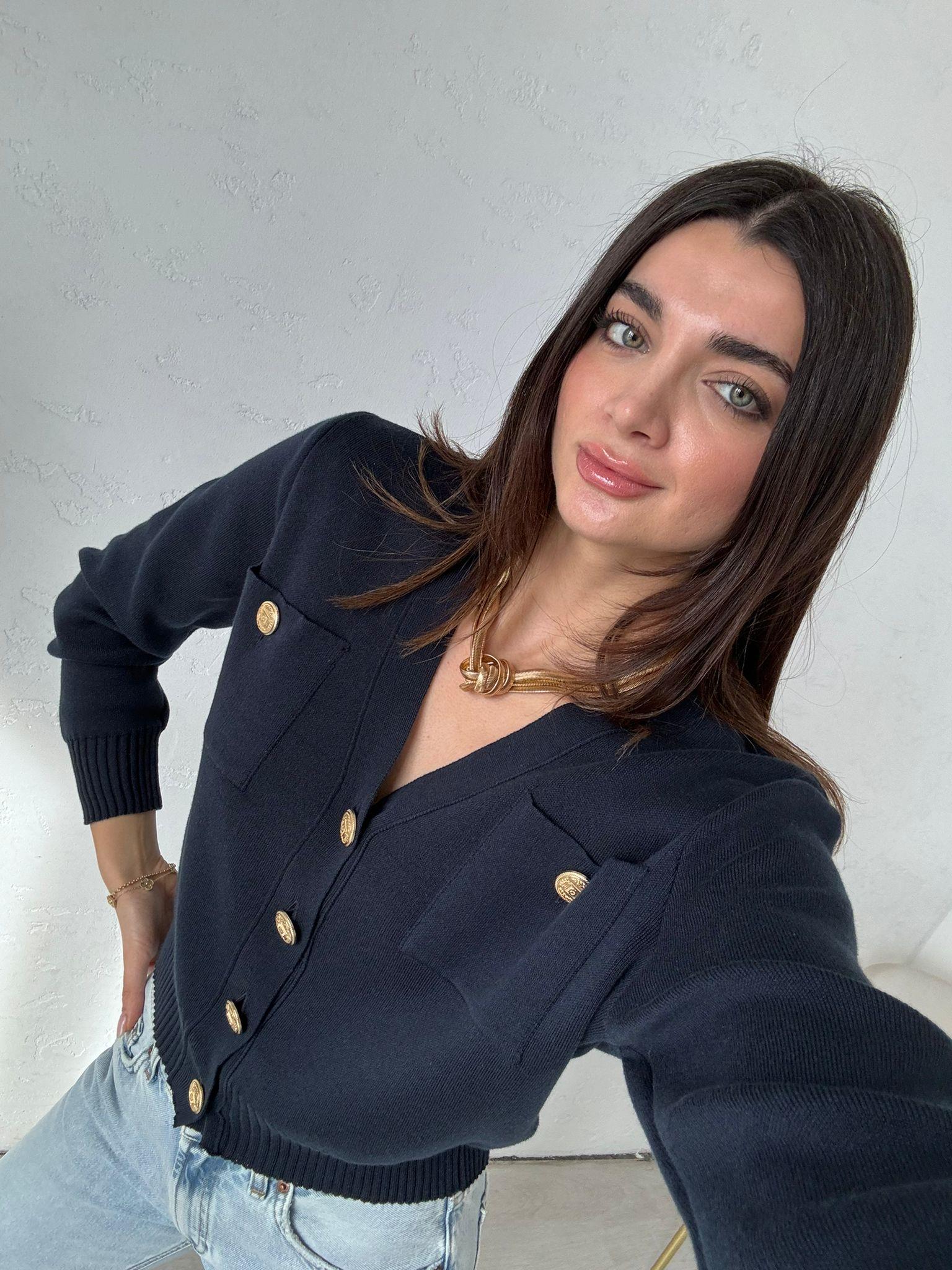 Lacivert Gold Düğmeli Hırka