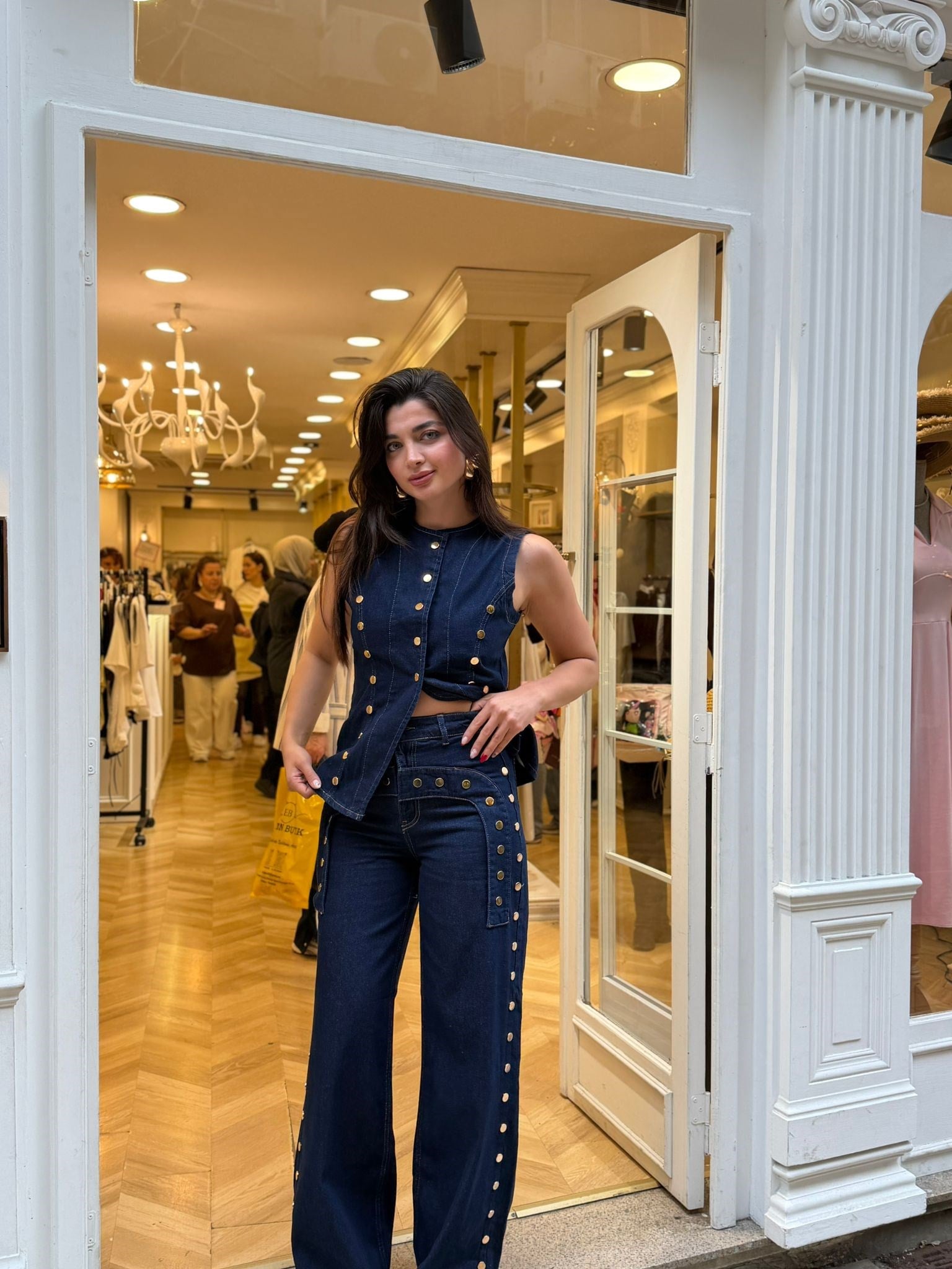 Lacivert Gold Düğmeli Yelekli Denim Takım