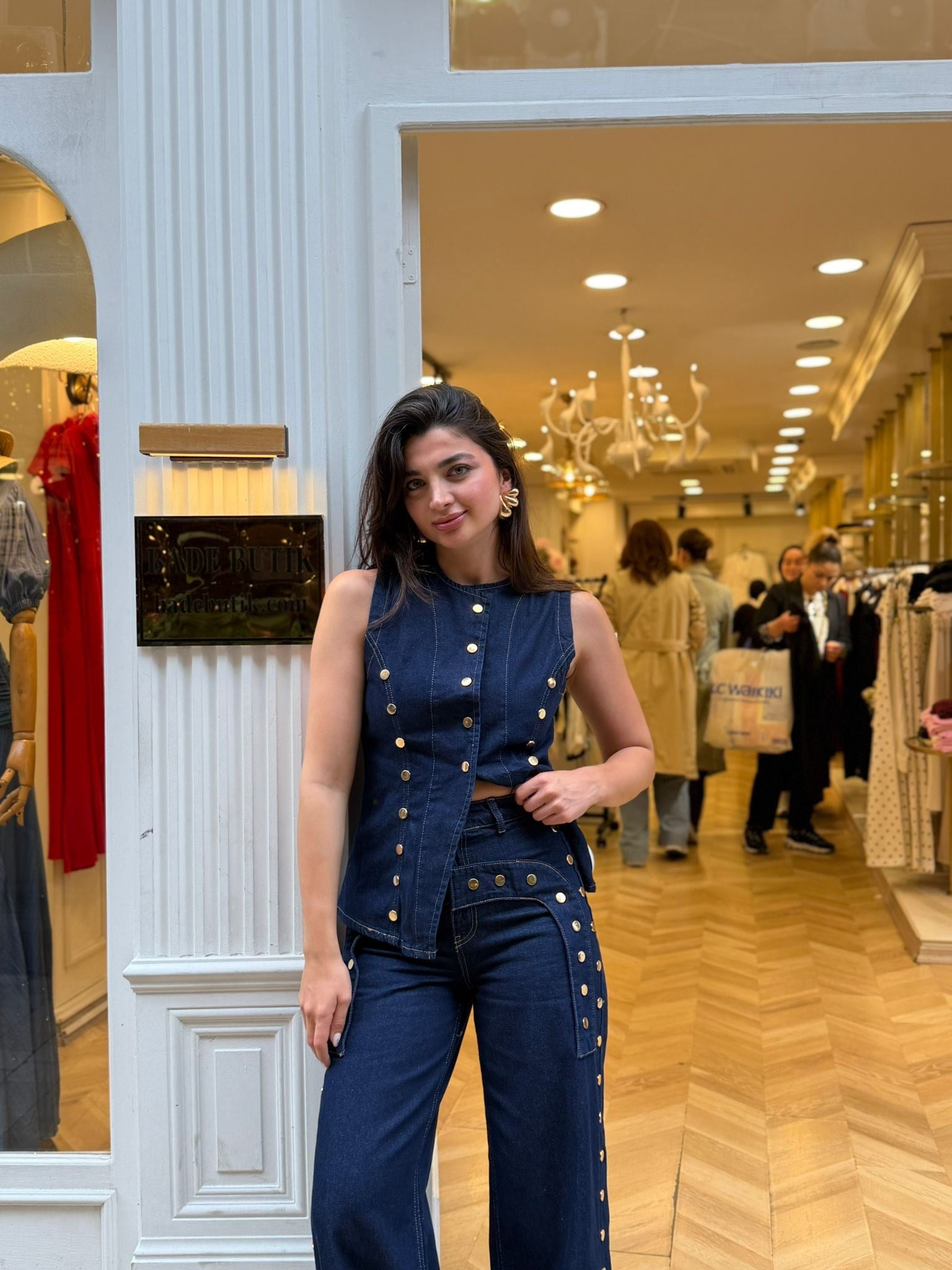 Lacivert Gold Düğmeli Yelekli Denim Takım