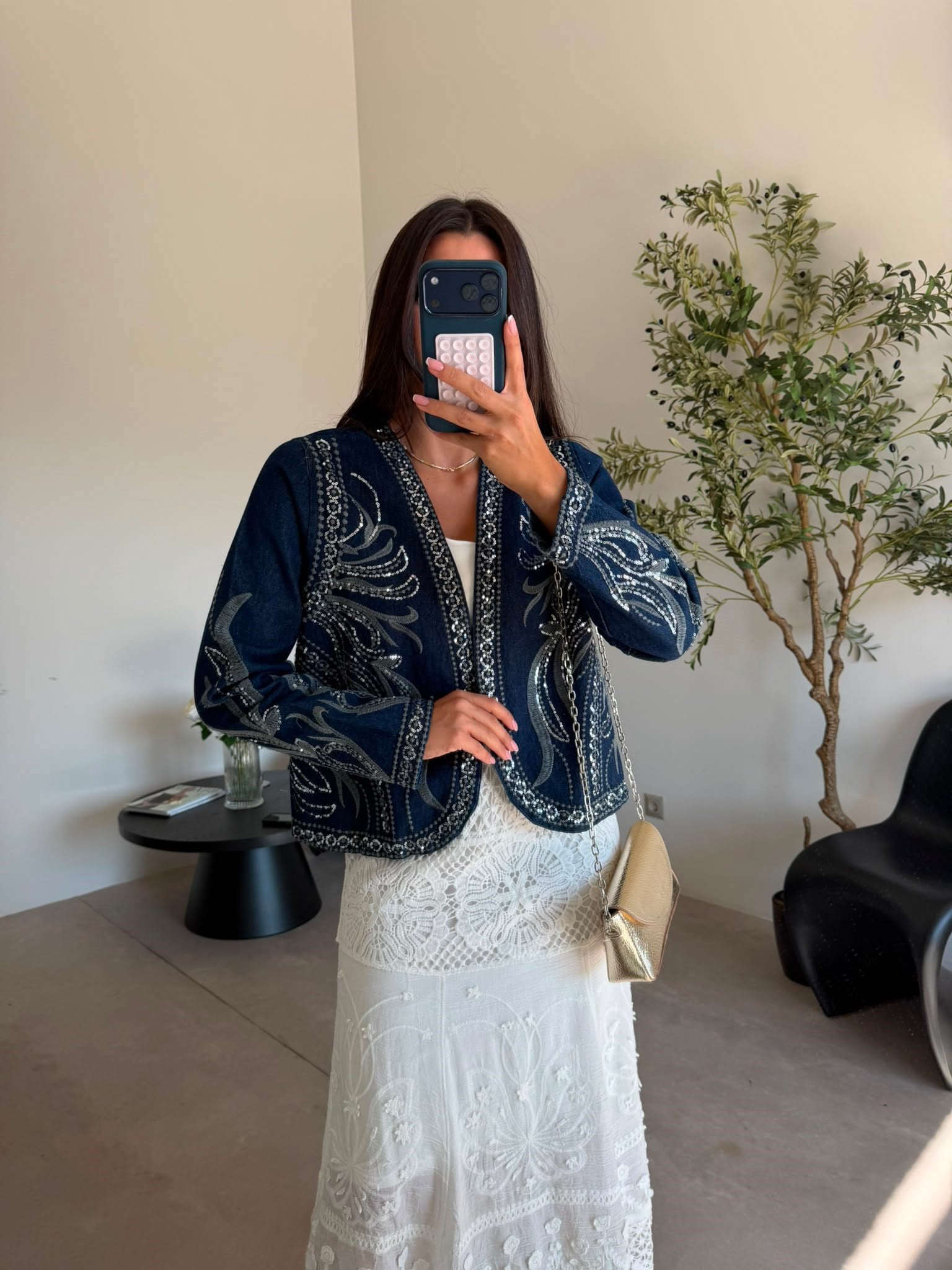 Lacivert İşlemeli Denim Ceket 