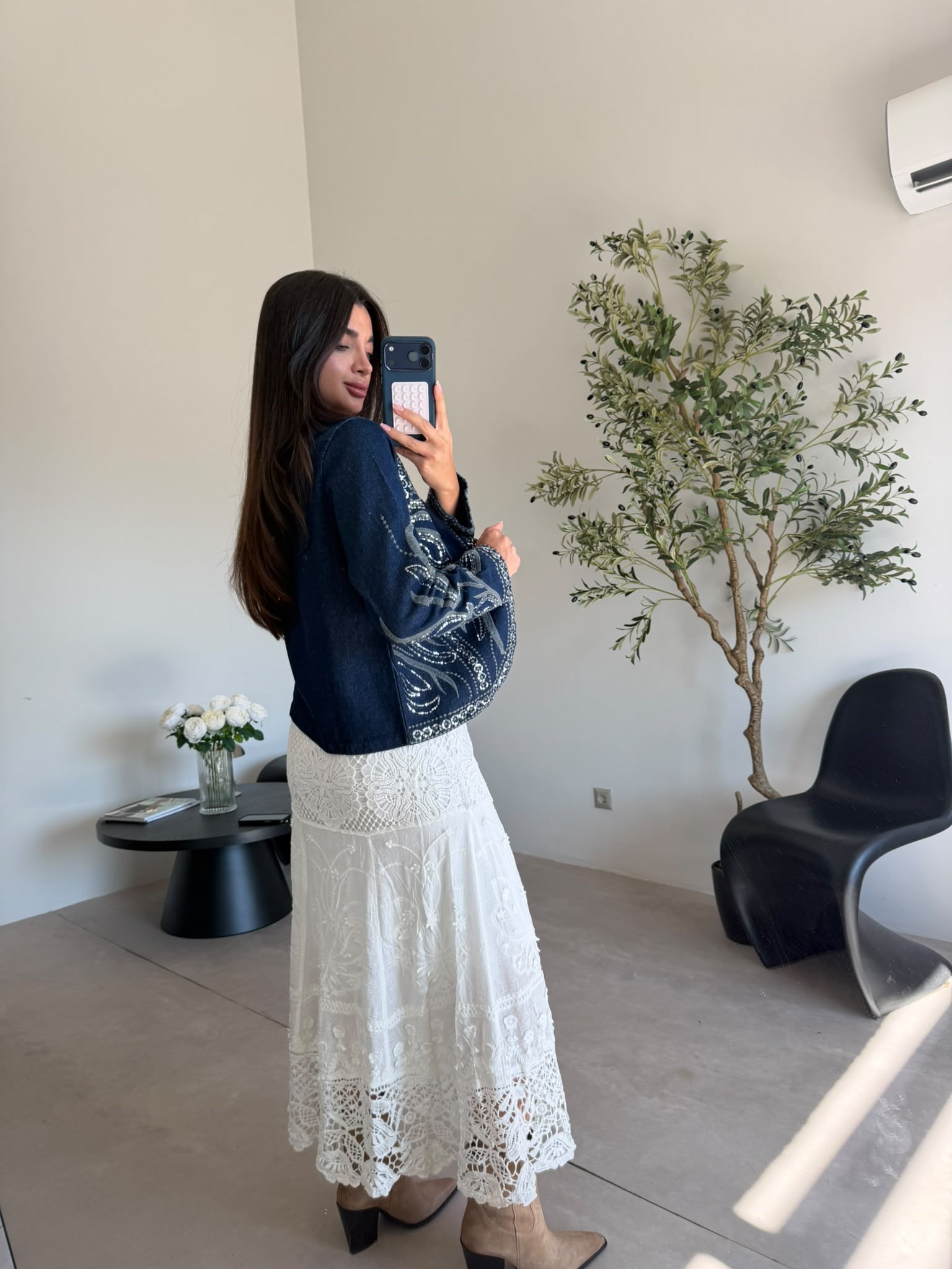 Lacivert İşlemeli Denim Ceket 