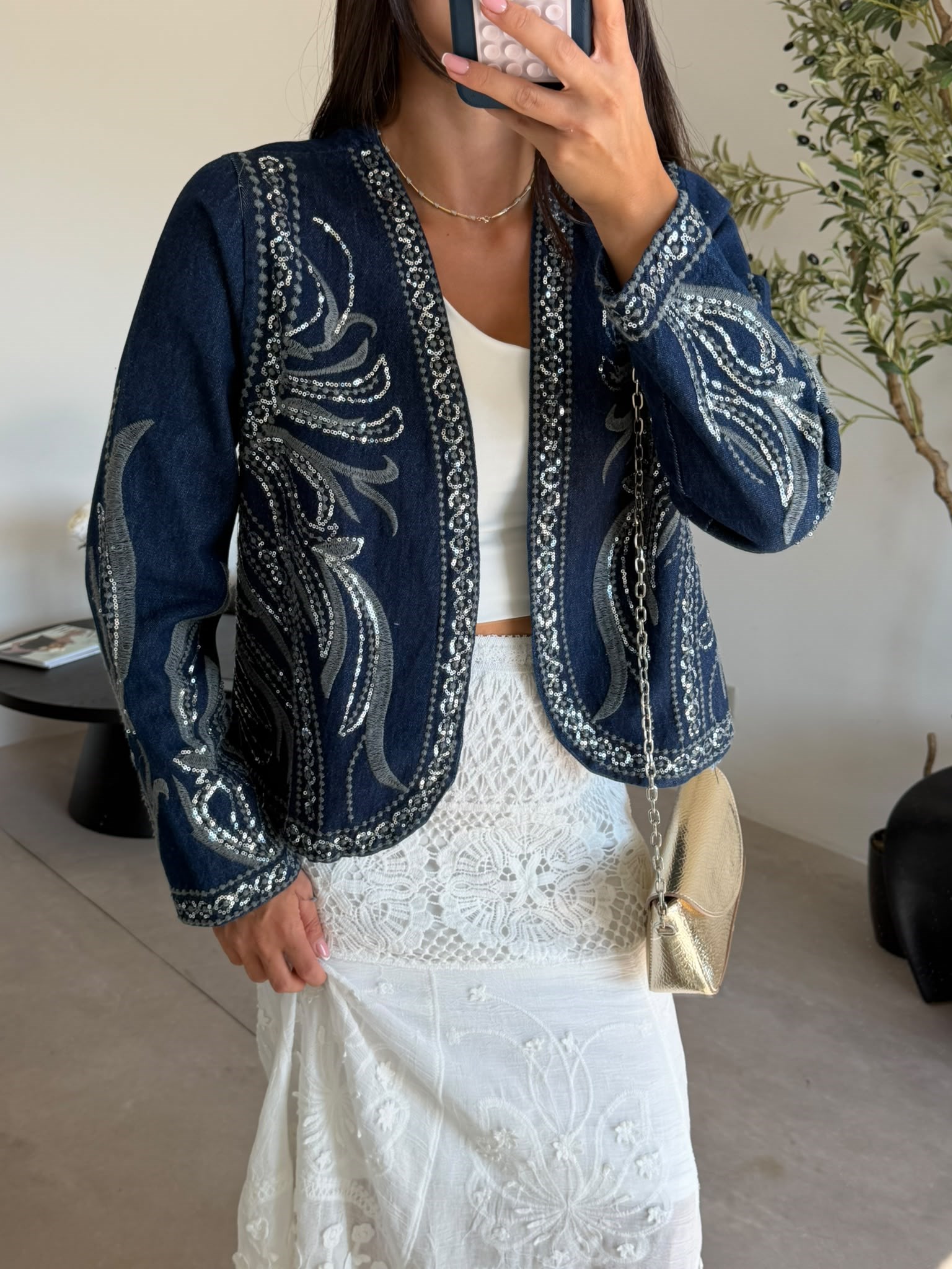 Lacivert İşlemeli Denim Ceket 
