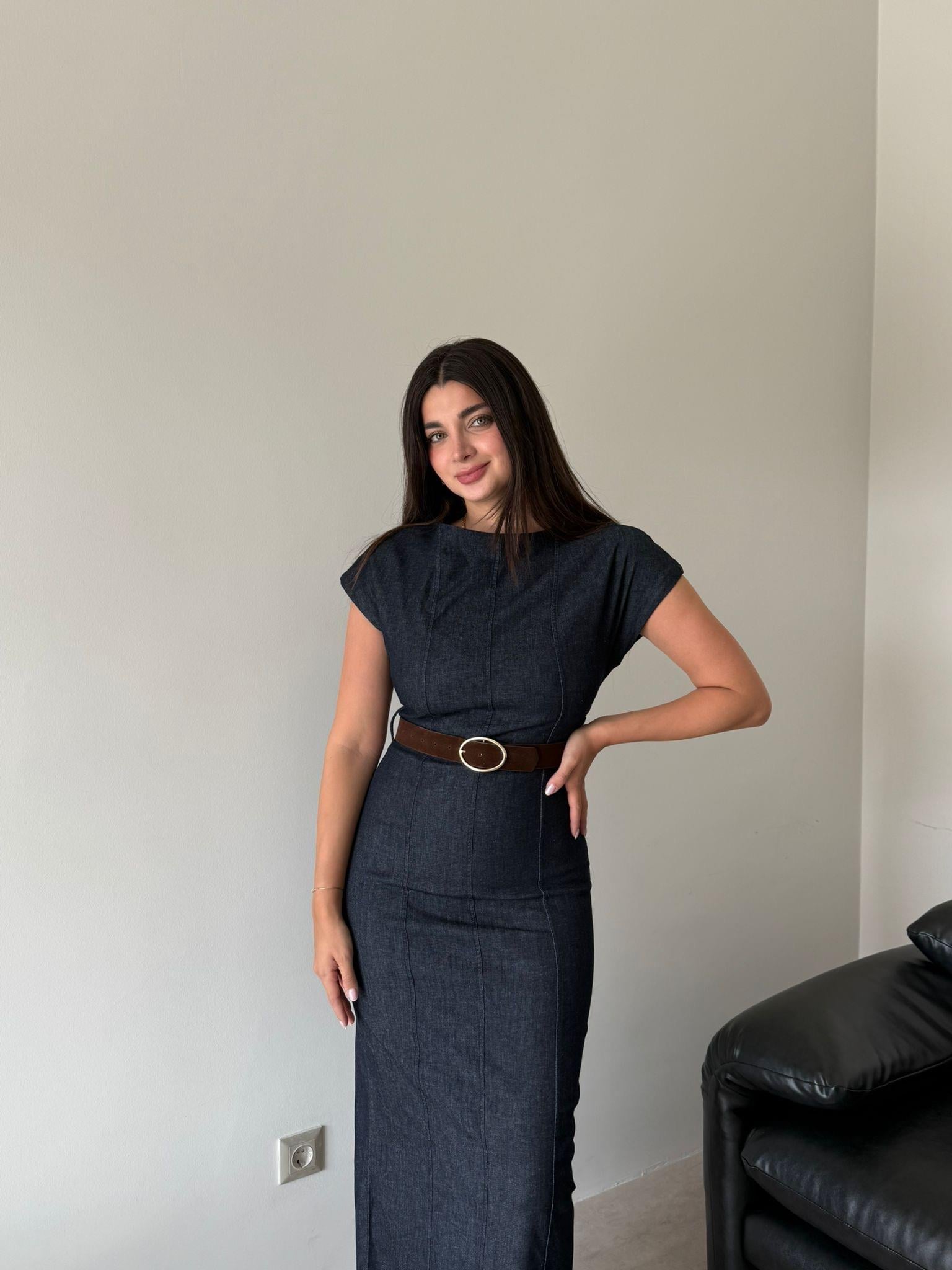 Lacivert Kemer Detaylı Denim Elbise