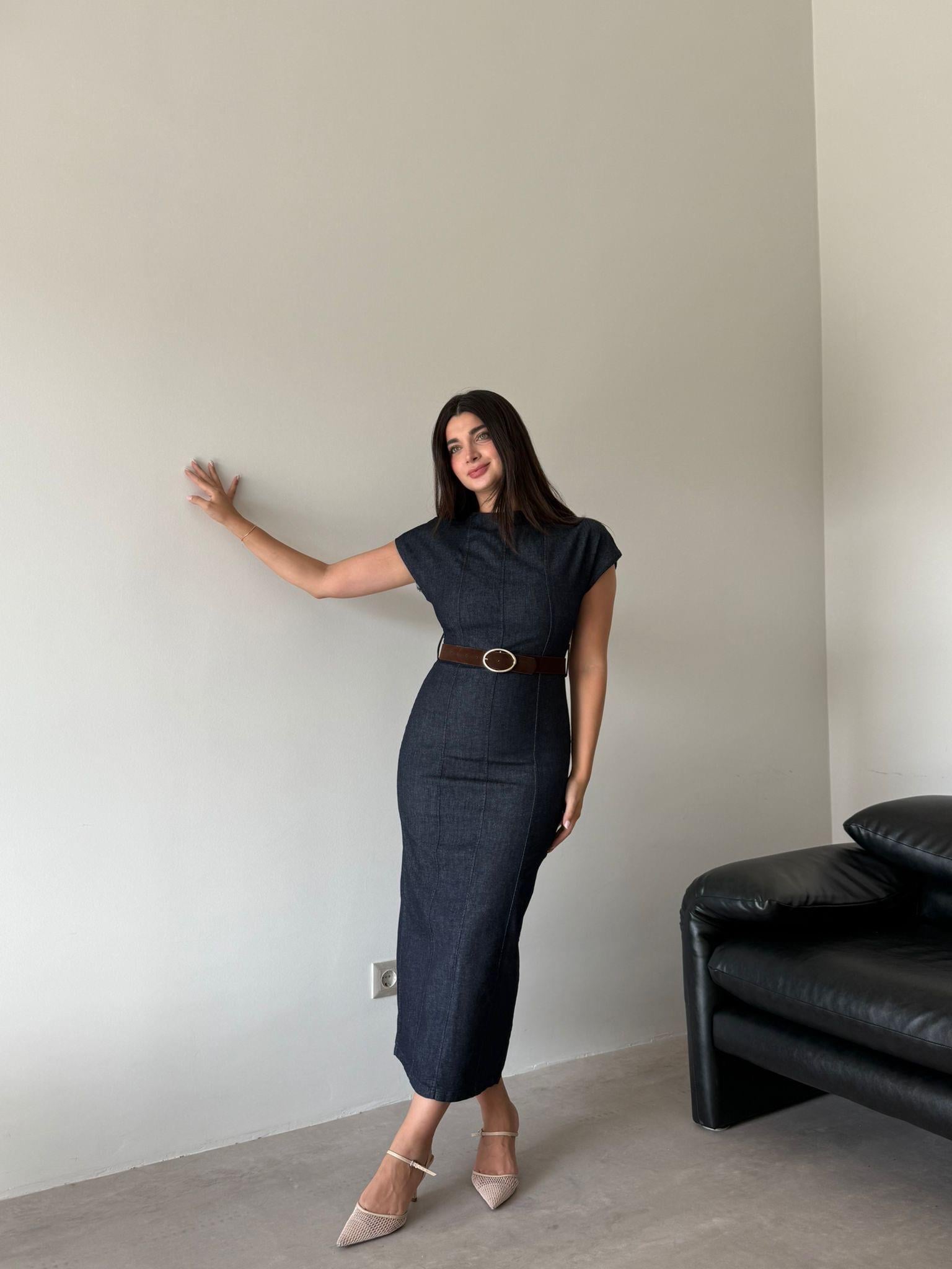 Lacivert Kemer Detaylı Denim Elbise