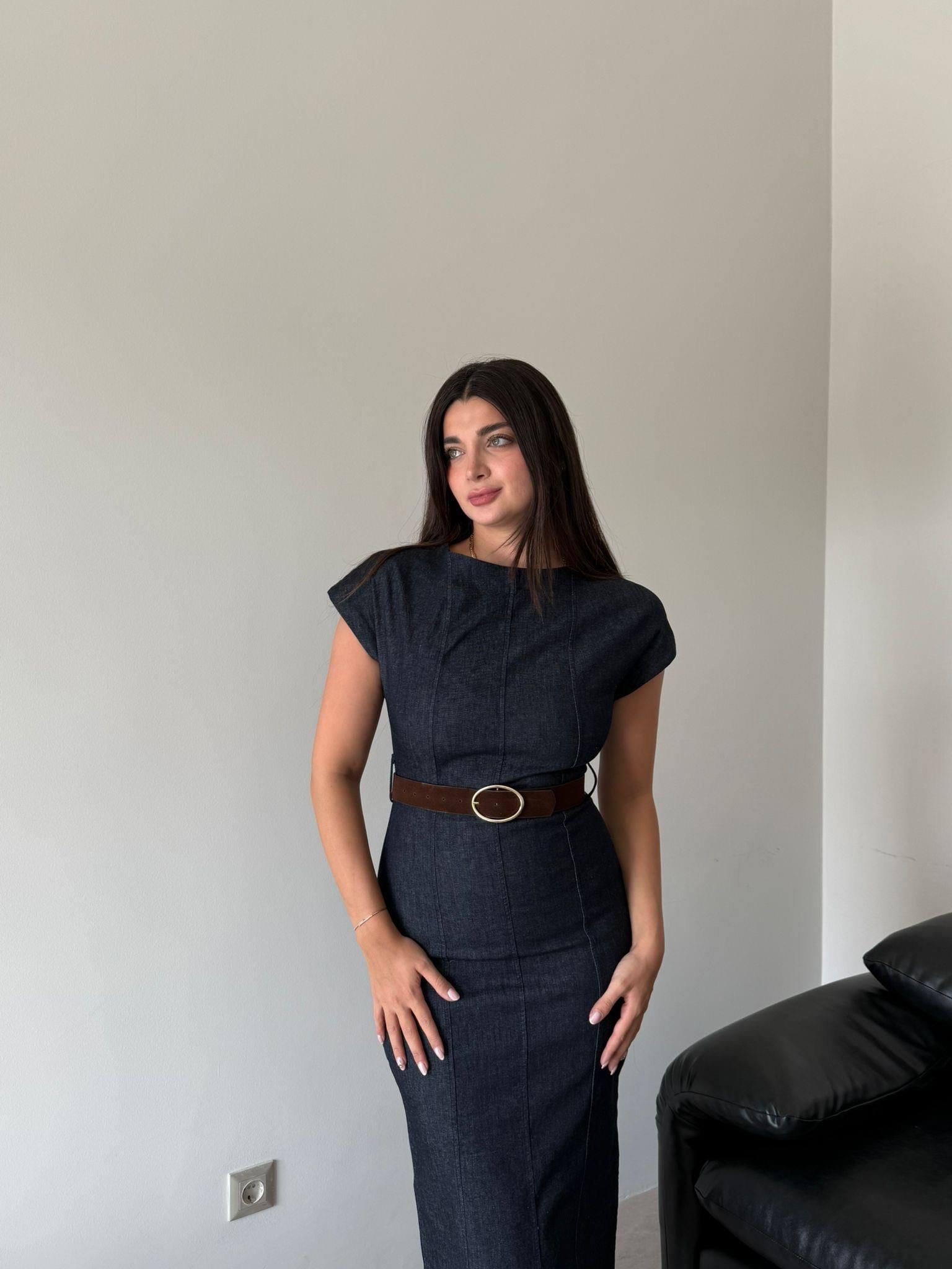 Lacivert Kemer Detaylı Denim Elbise