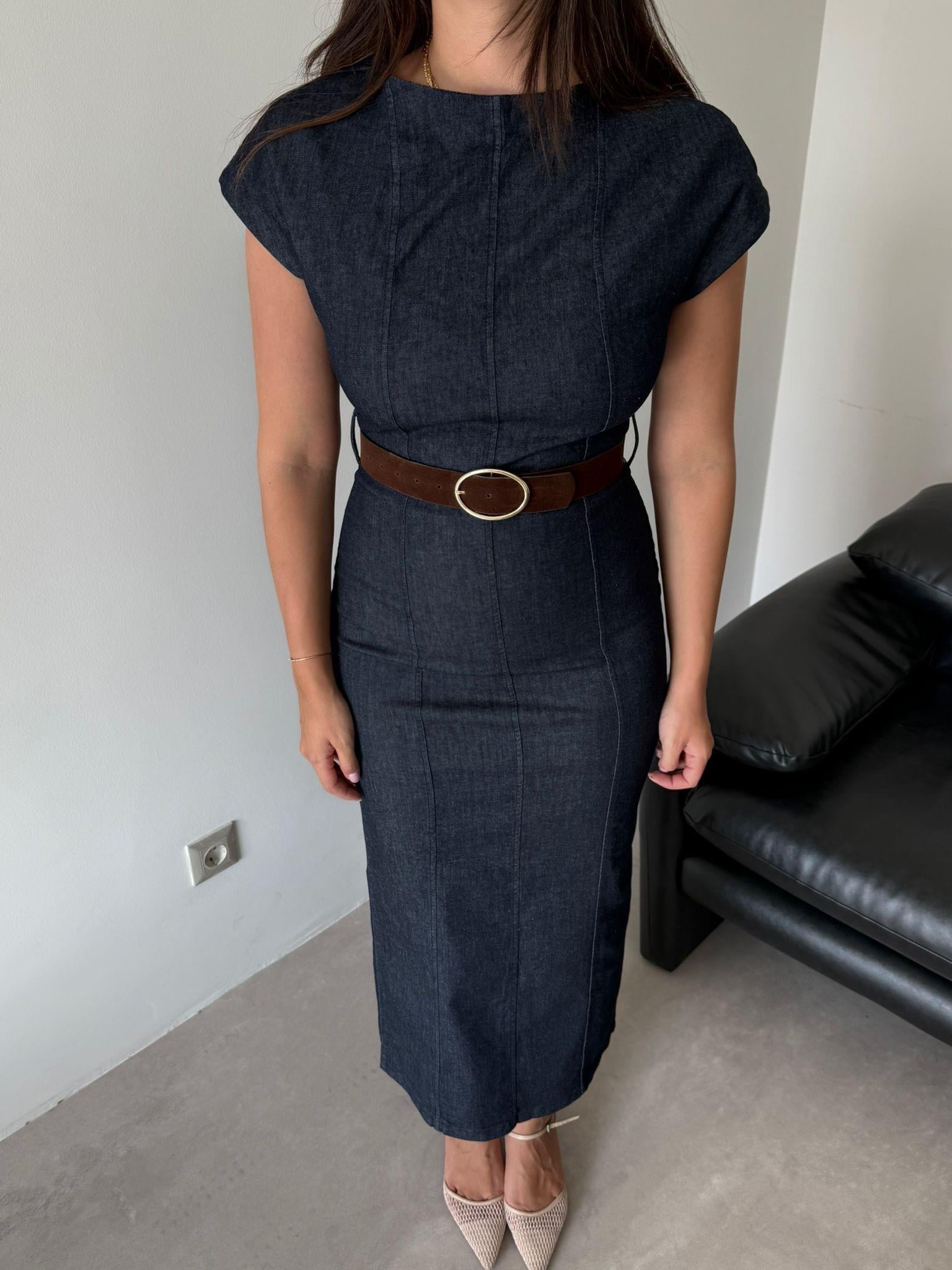 Lacivert Kemer Detaylı Denim Elbise