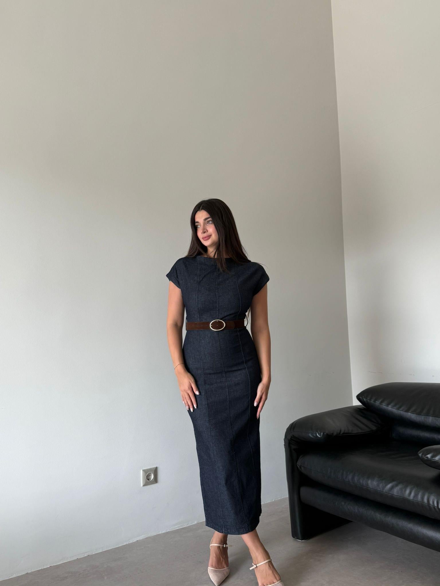 Lacivert Kemer Detaylı Denim Elbise