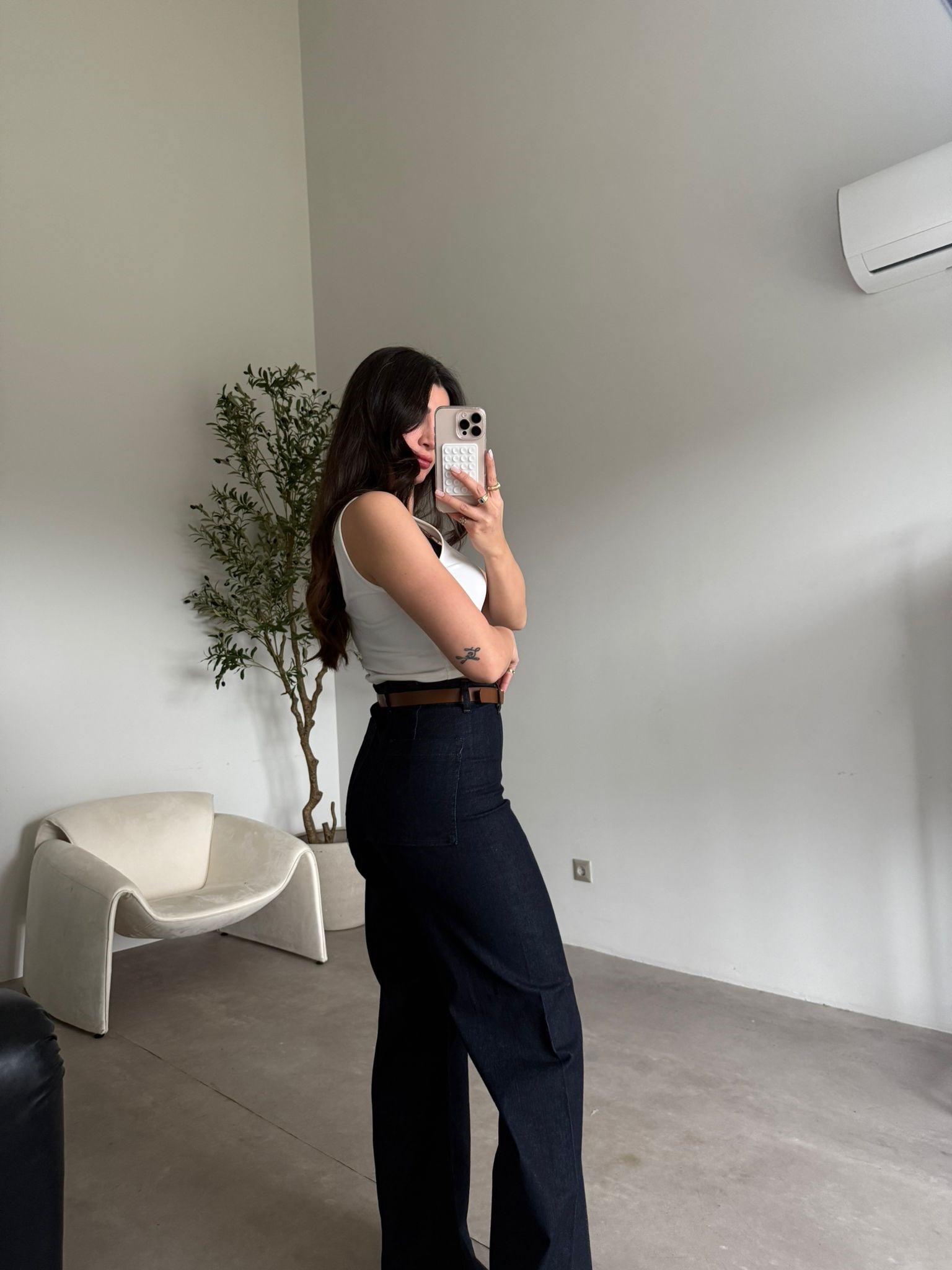 Lacivert Kemerli Biye Detaylı Jean