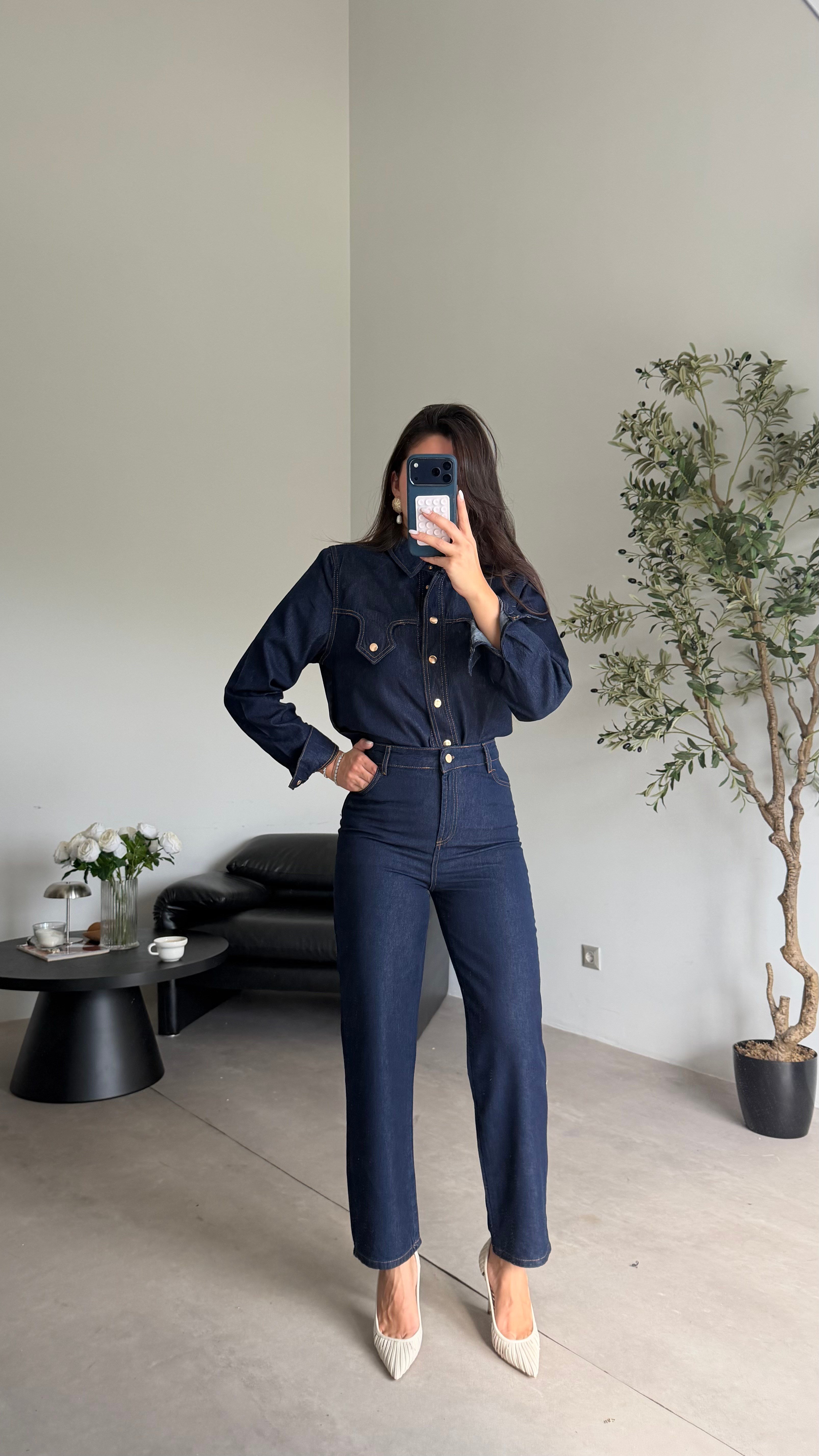 Lacivert Kemerli Denim Takım