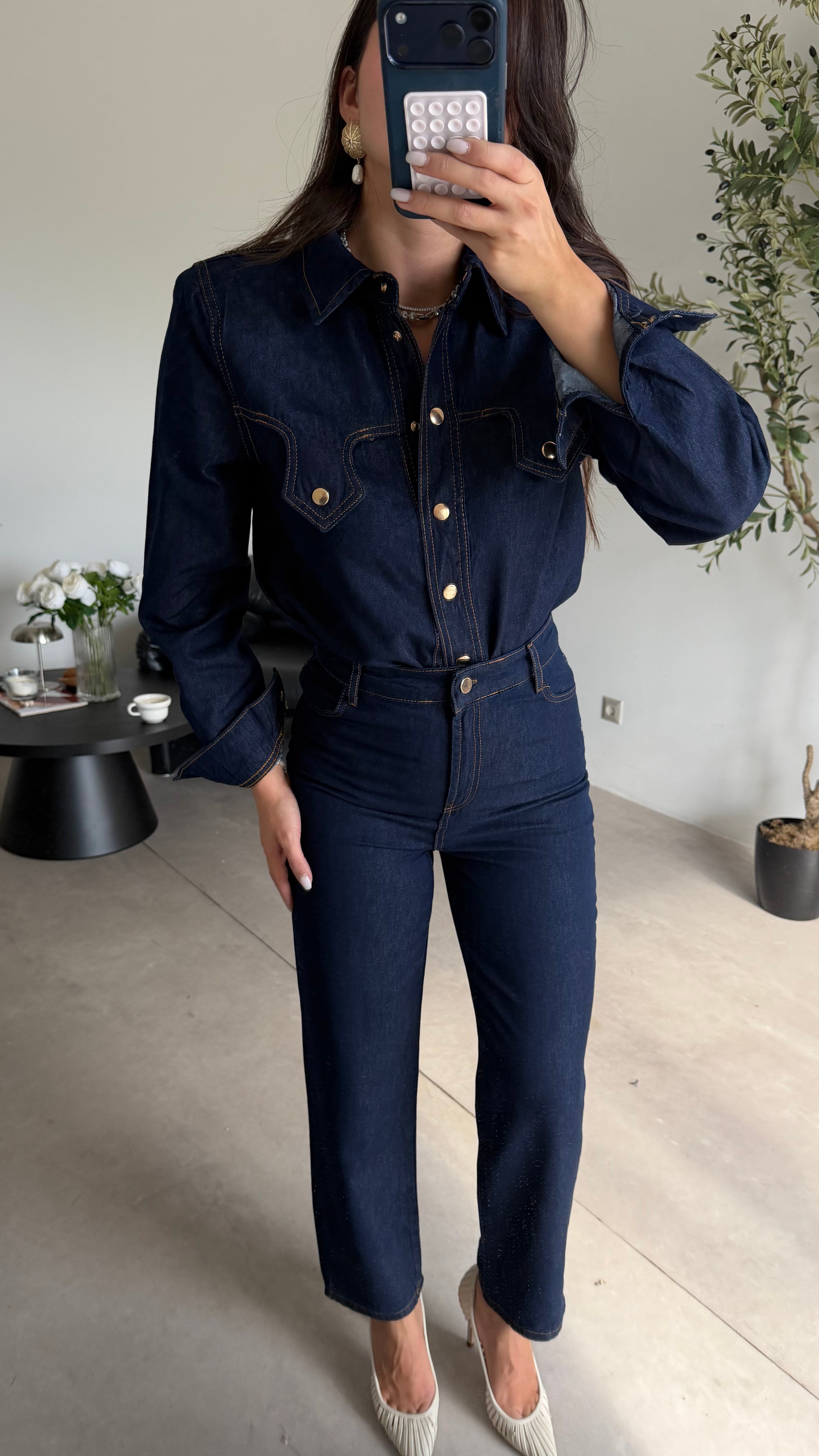 Lacivert Kemerli Denim Takım