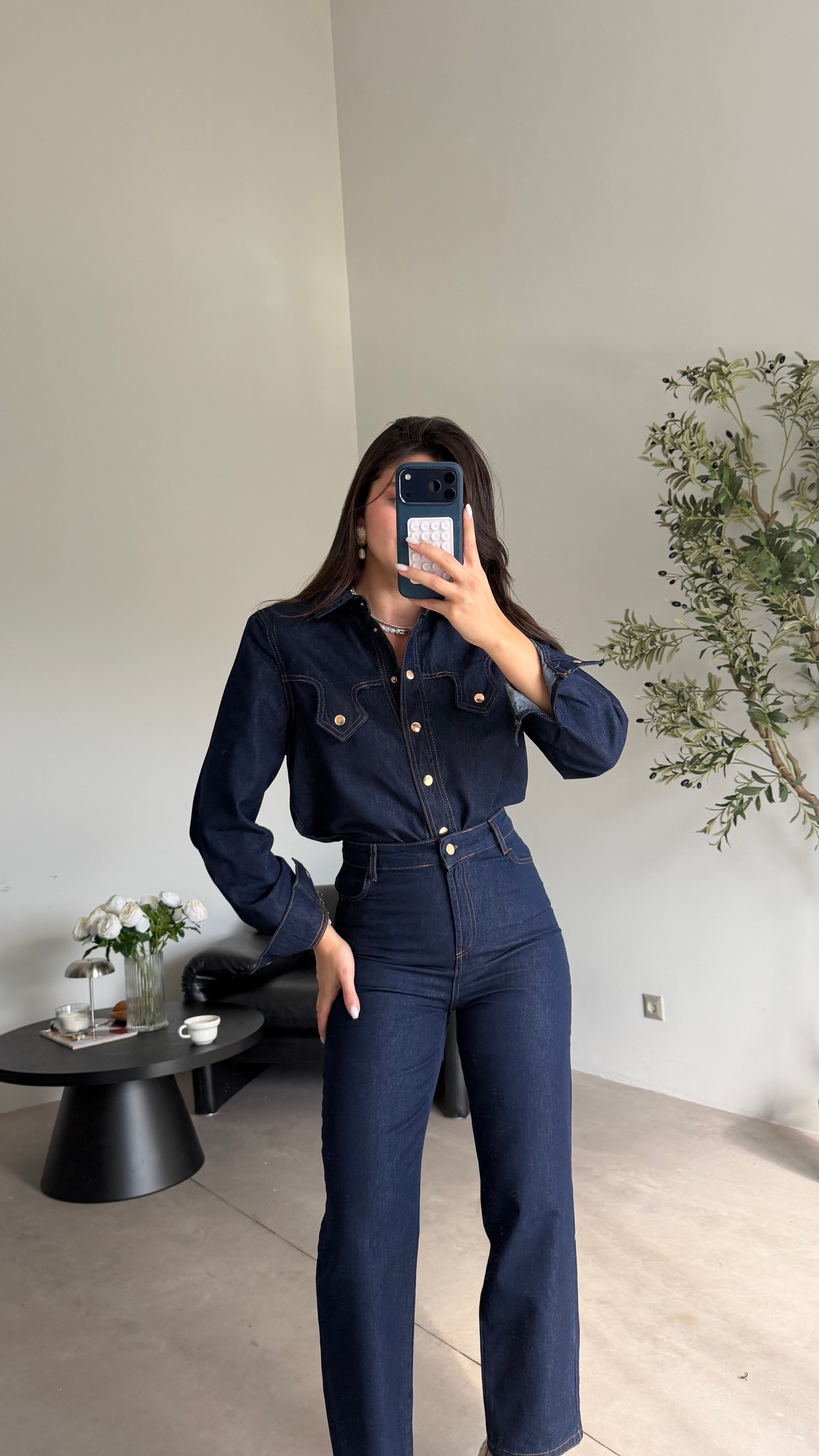 Lacivert Kemerli Denim Takım