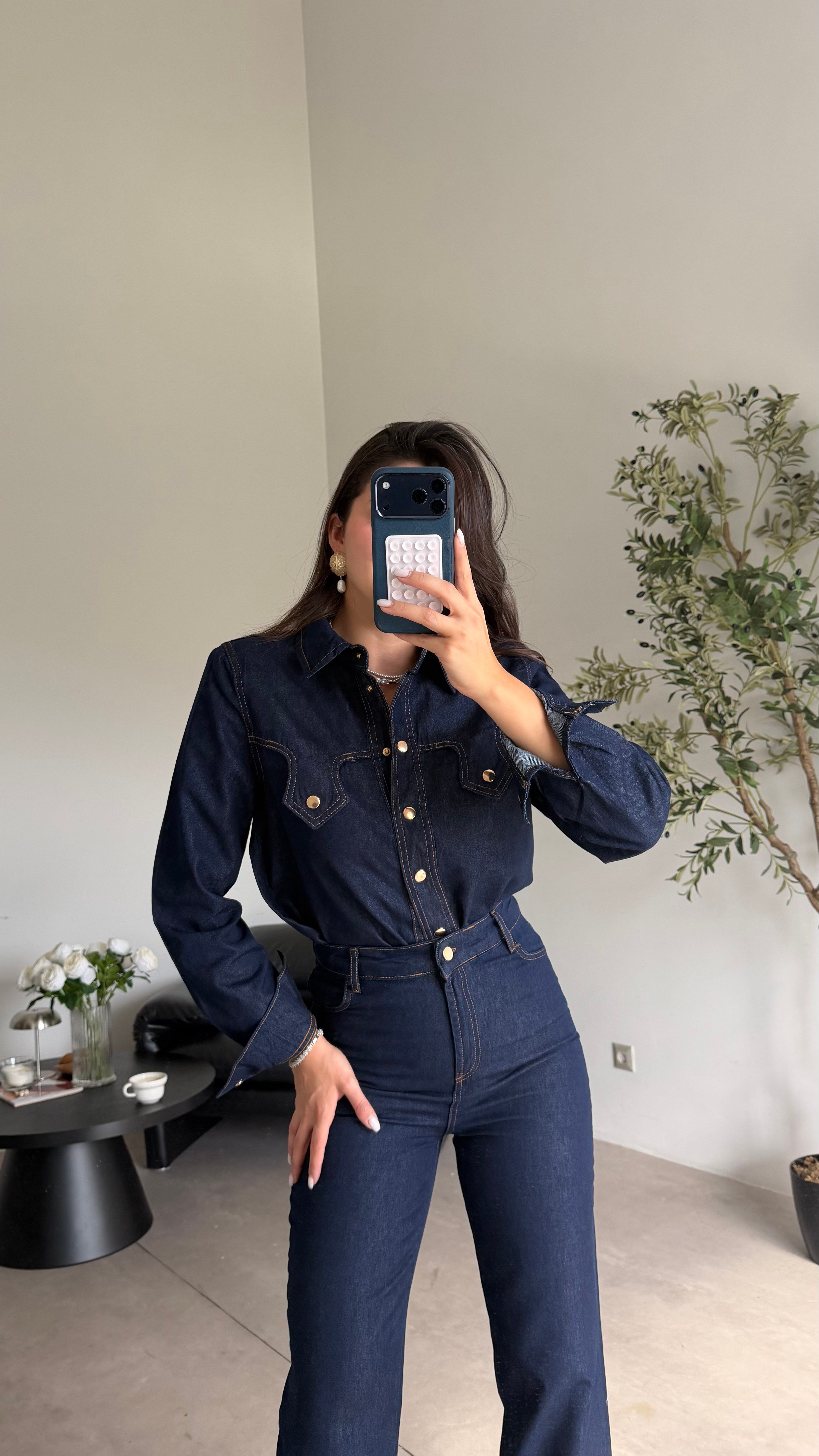 Lacivert Kemerli Denim Takım