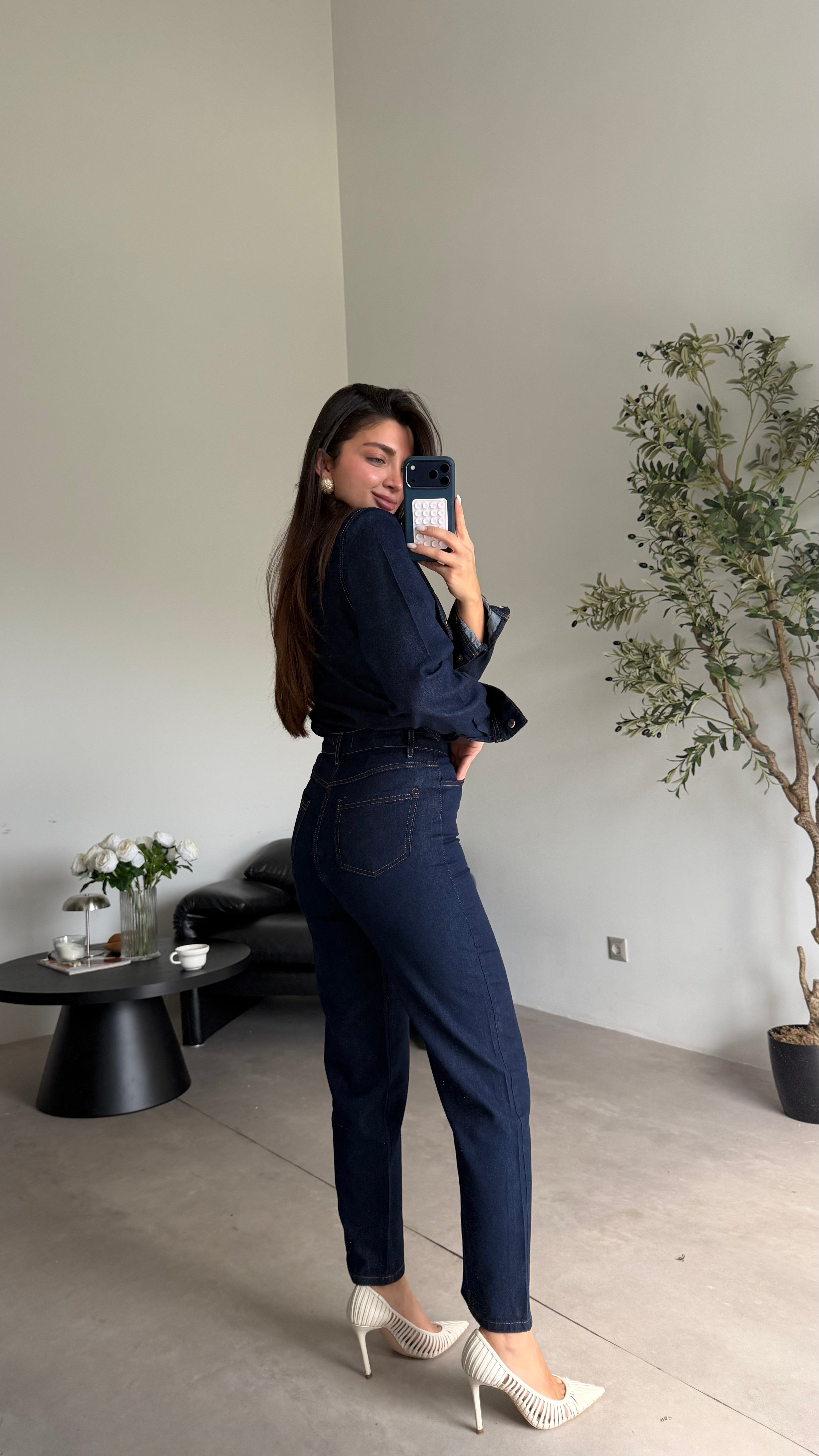 Lacivert Kemerli Denim Takım