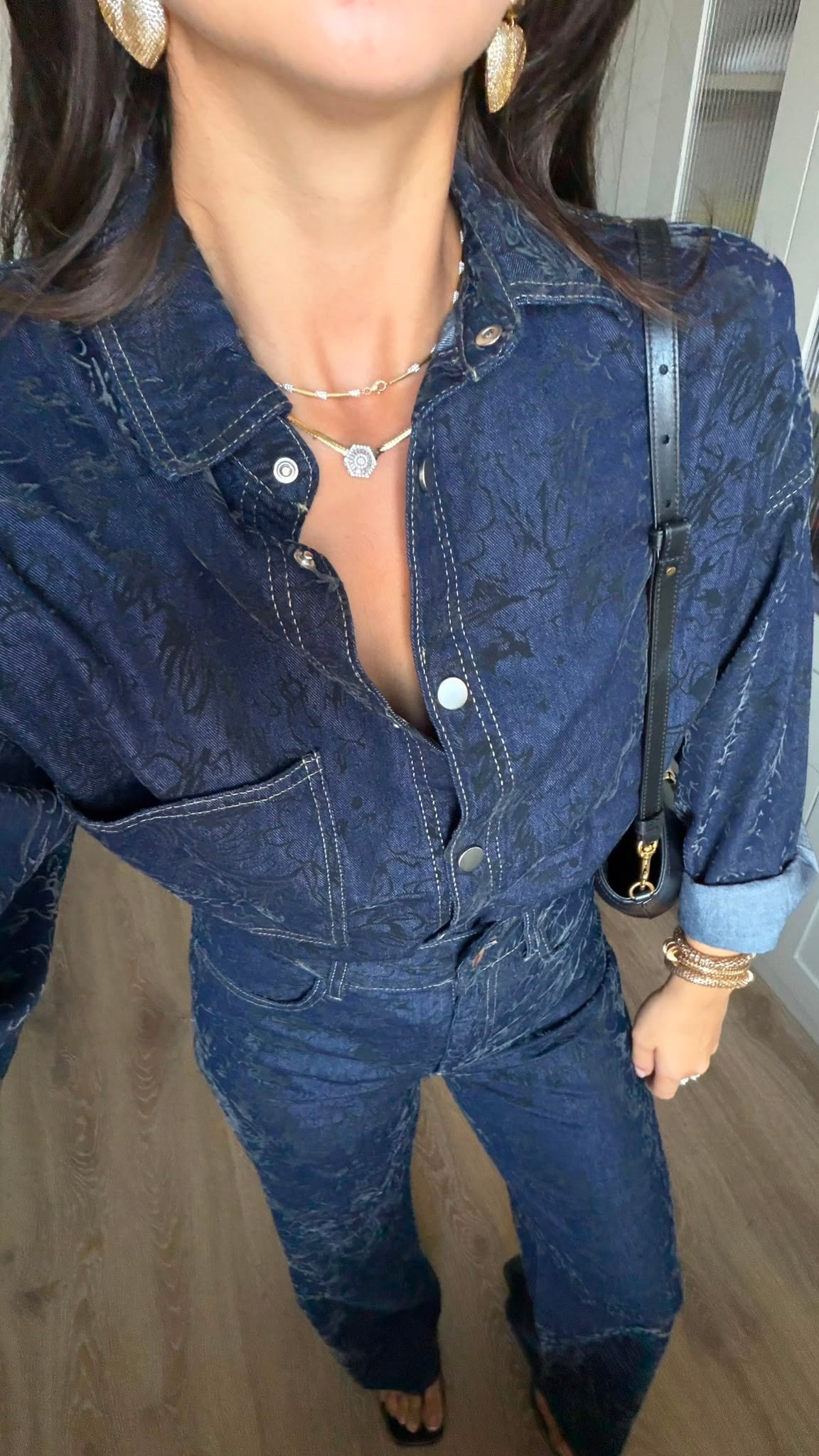 Lacivert Kendinden Desenli Denim Takım
