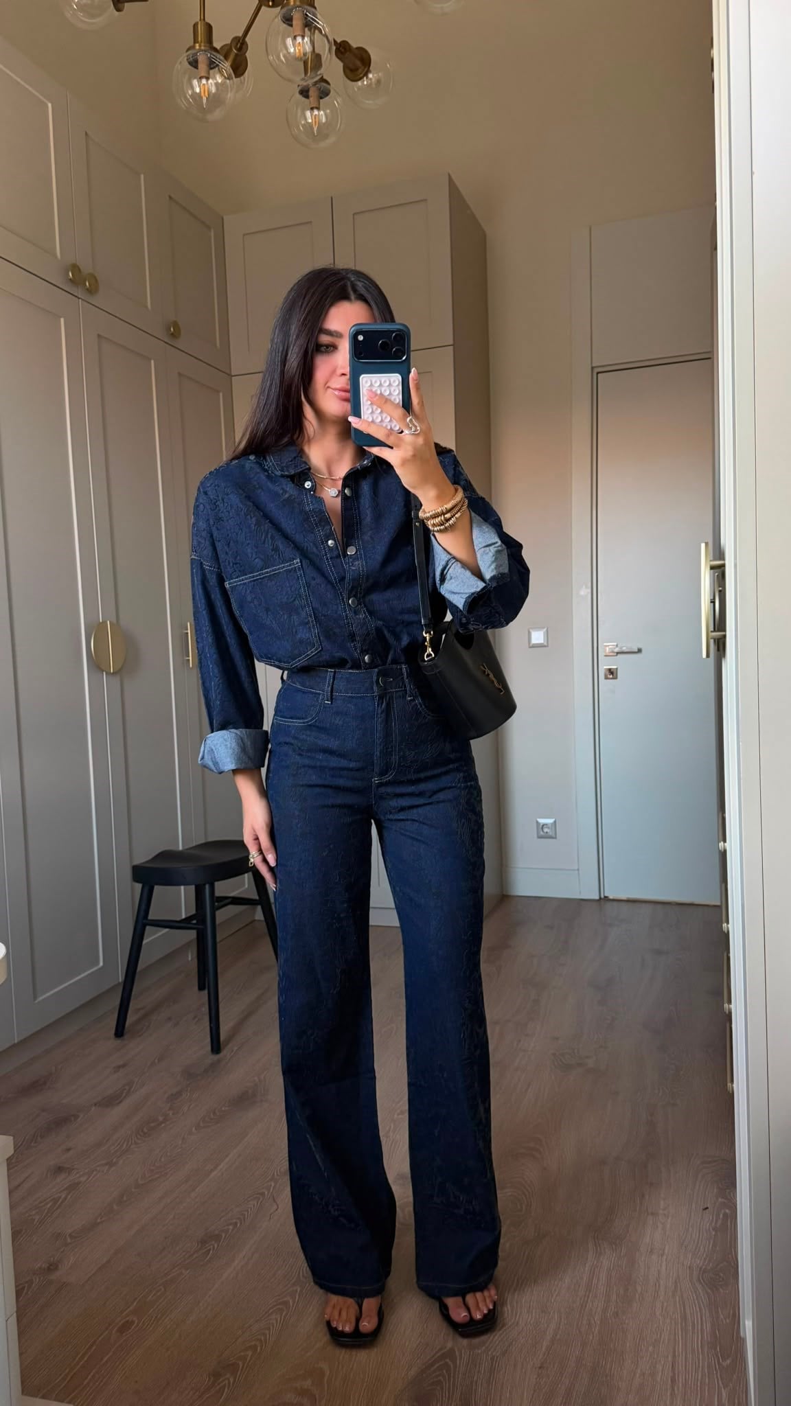 Lacivert Kendinden Desenli Denim Takım