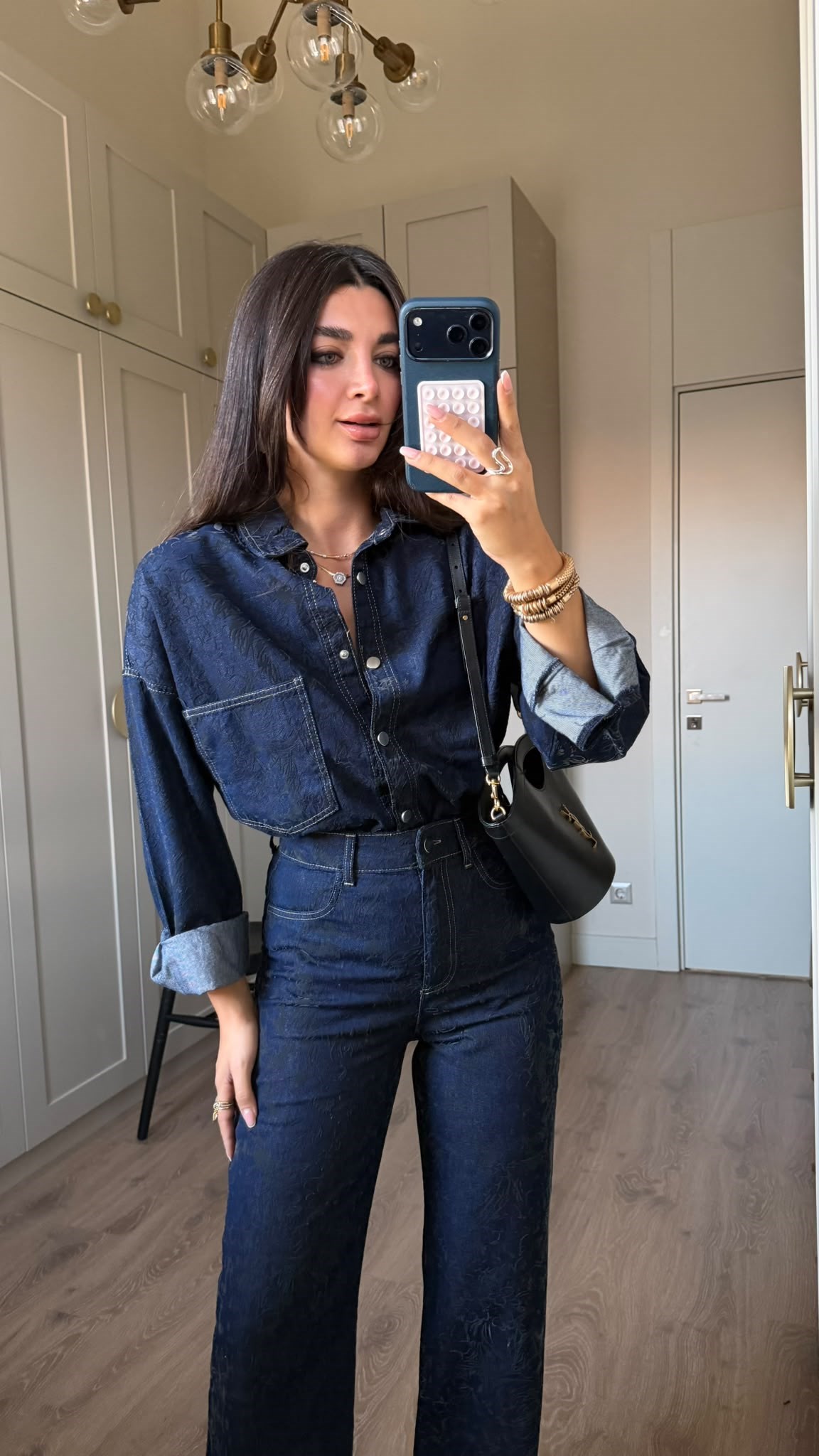 Lacivert Kendinden Desenli Denim Takım