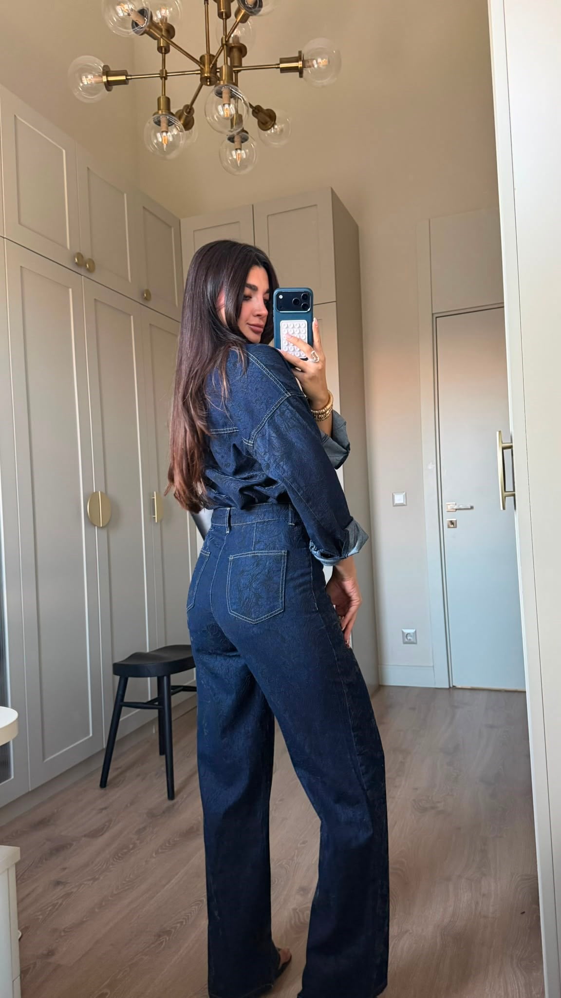 Lacivert Kendinden Desenli Denim Takım
