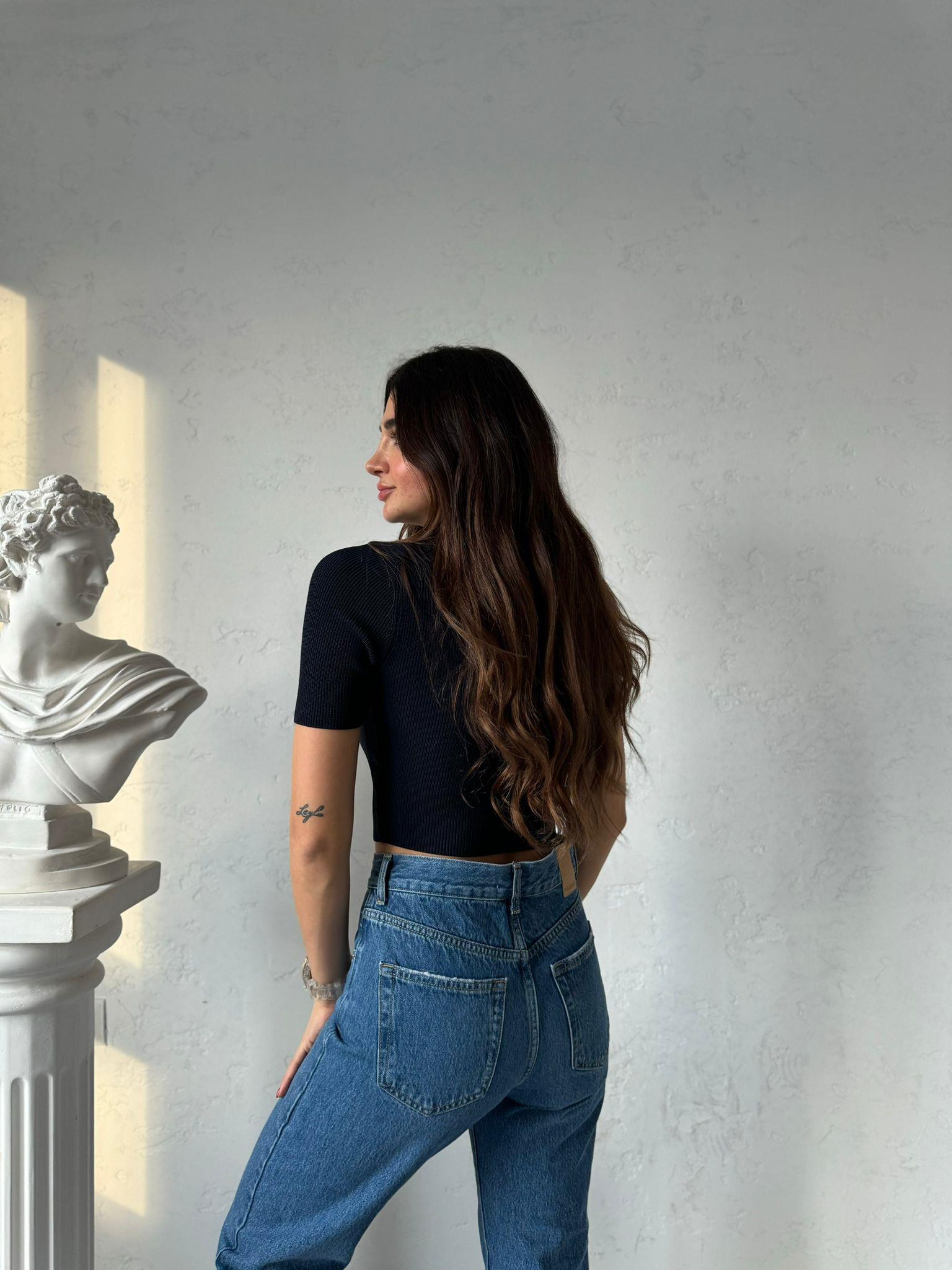 Lacivert Kısa Kollu Triko Bluz