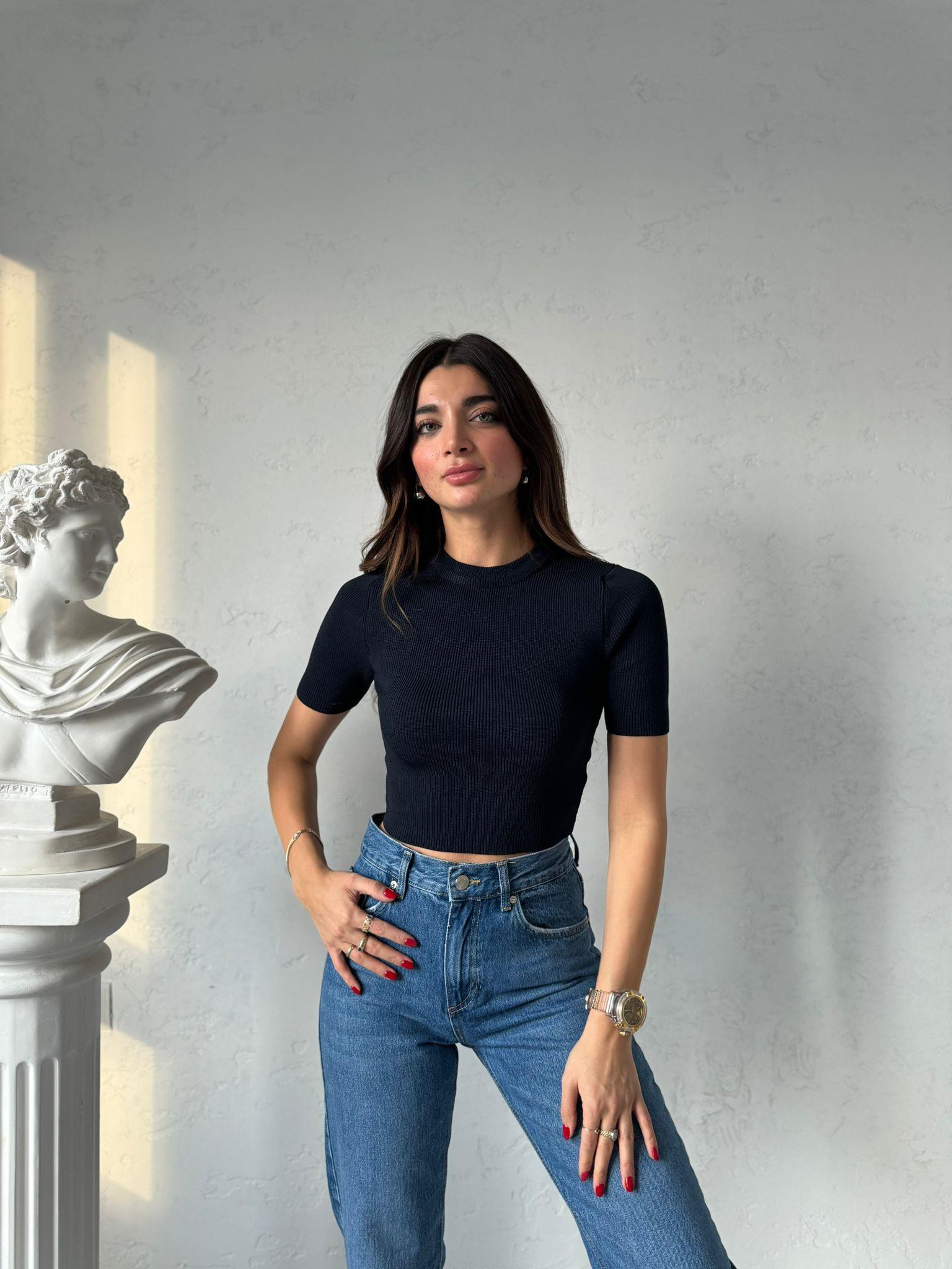 Lacivert Kısa Kollu Triko Bluz
