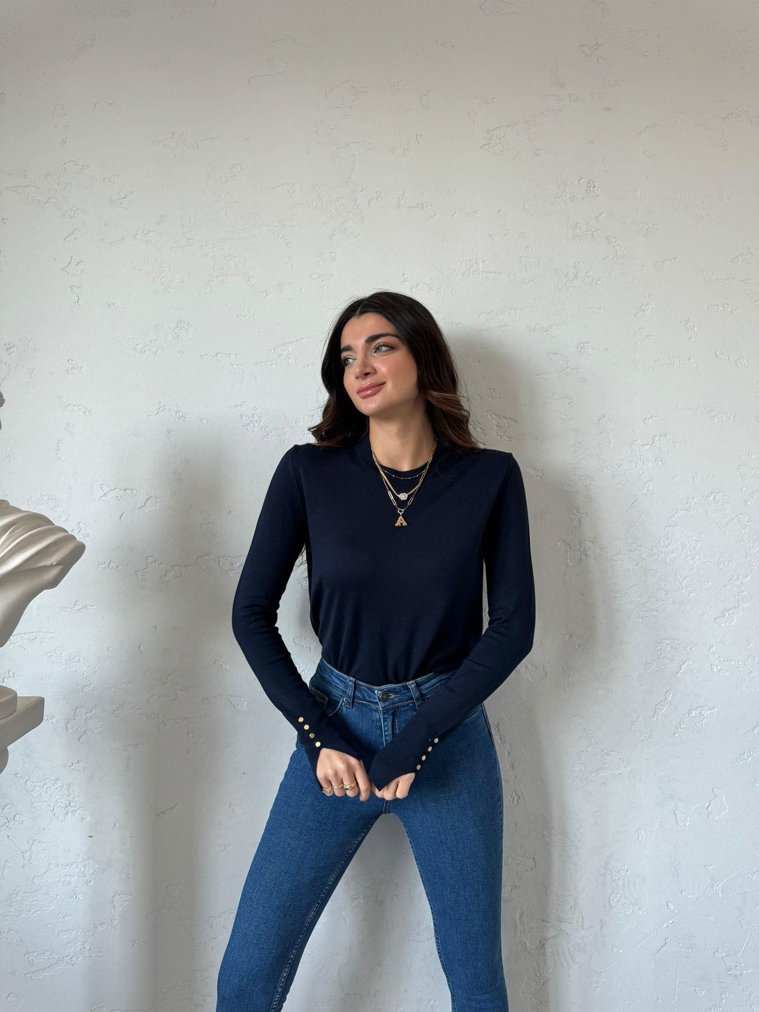 Lacivert Kol Detaylı Triko Bluz