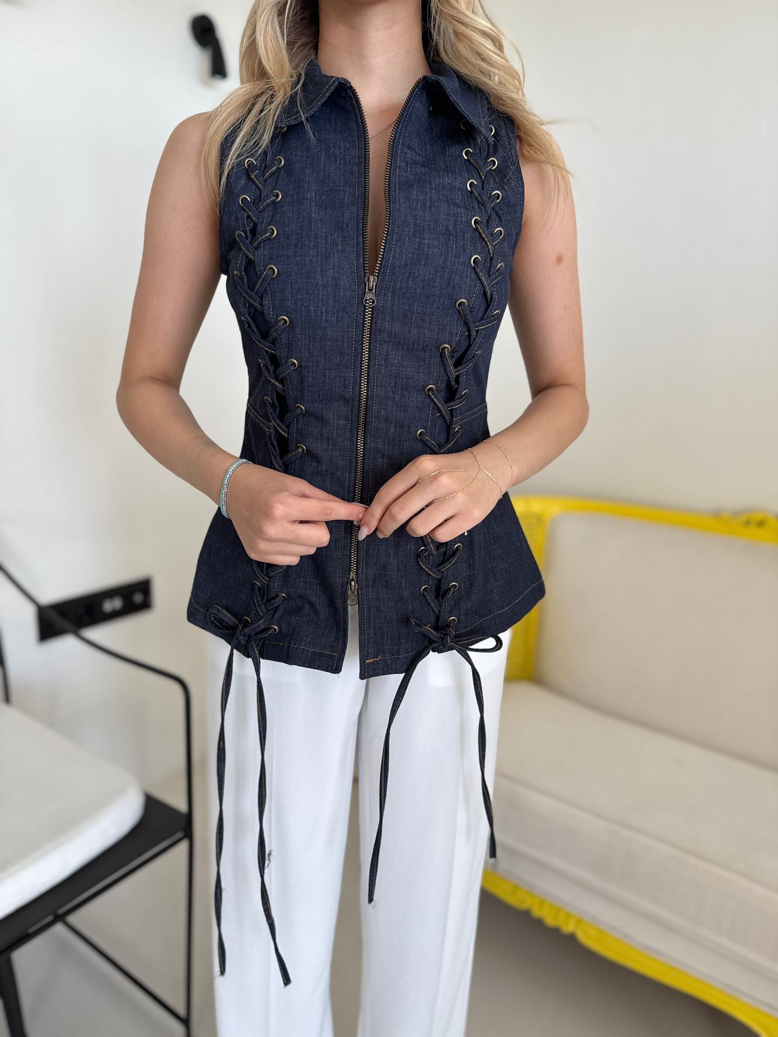 Lacivert Korseli Denim Kolsuz Gömlek
