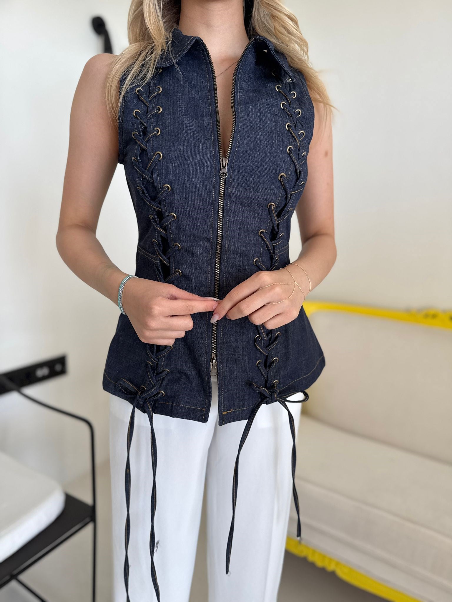 Lacivert Korseli Denim Kolsuz Gömlek