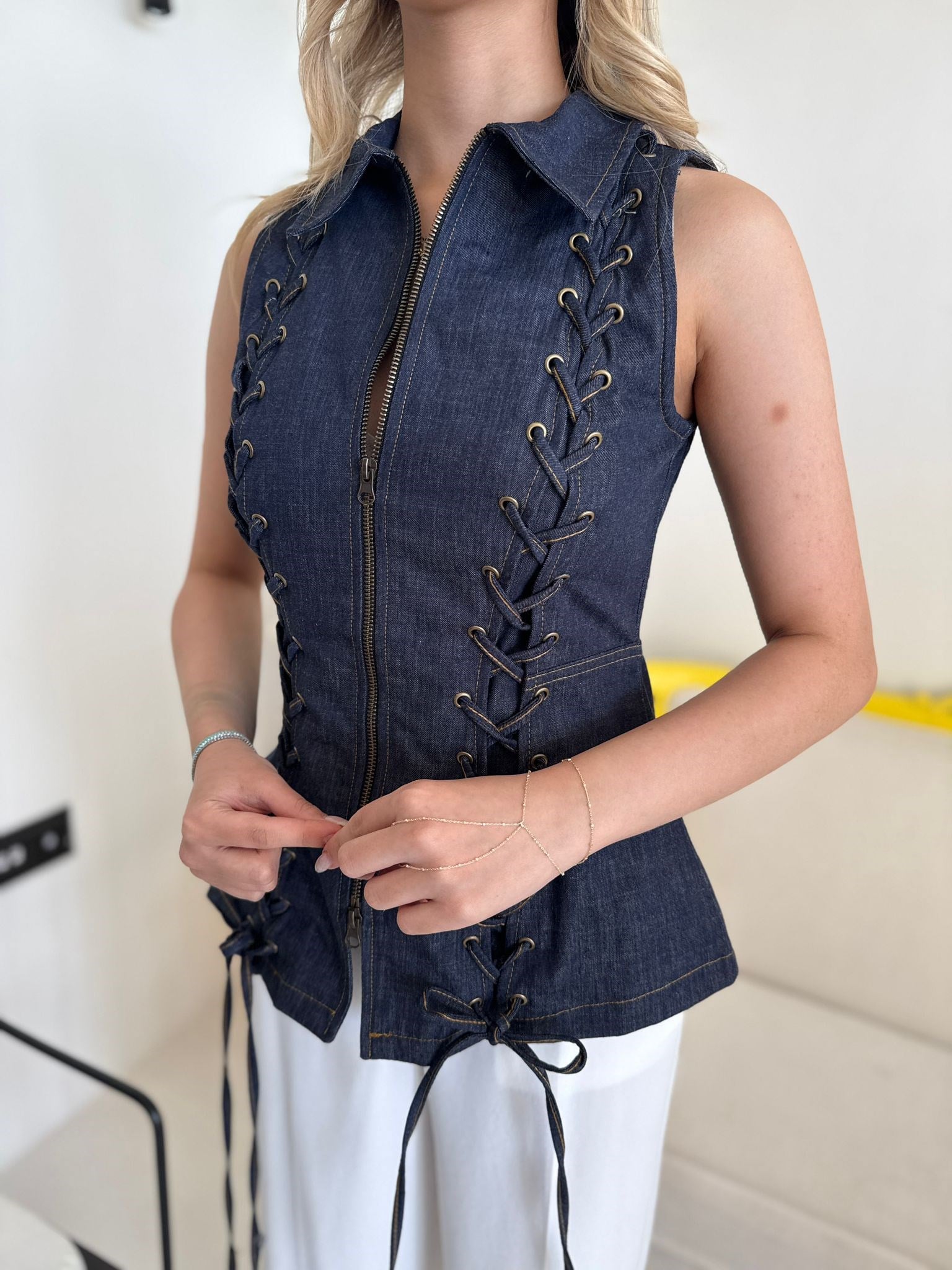 Lacivert Korseli Denim Kolsuz Gömlek