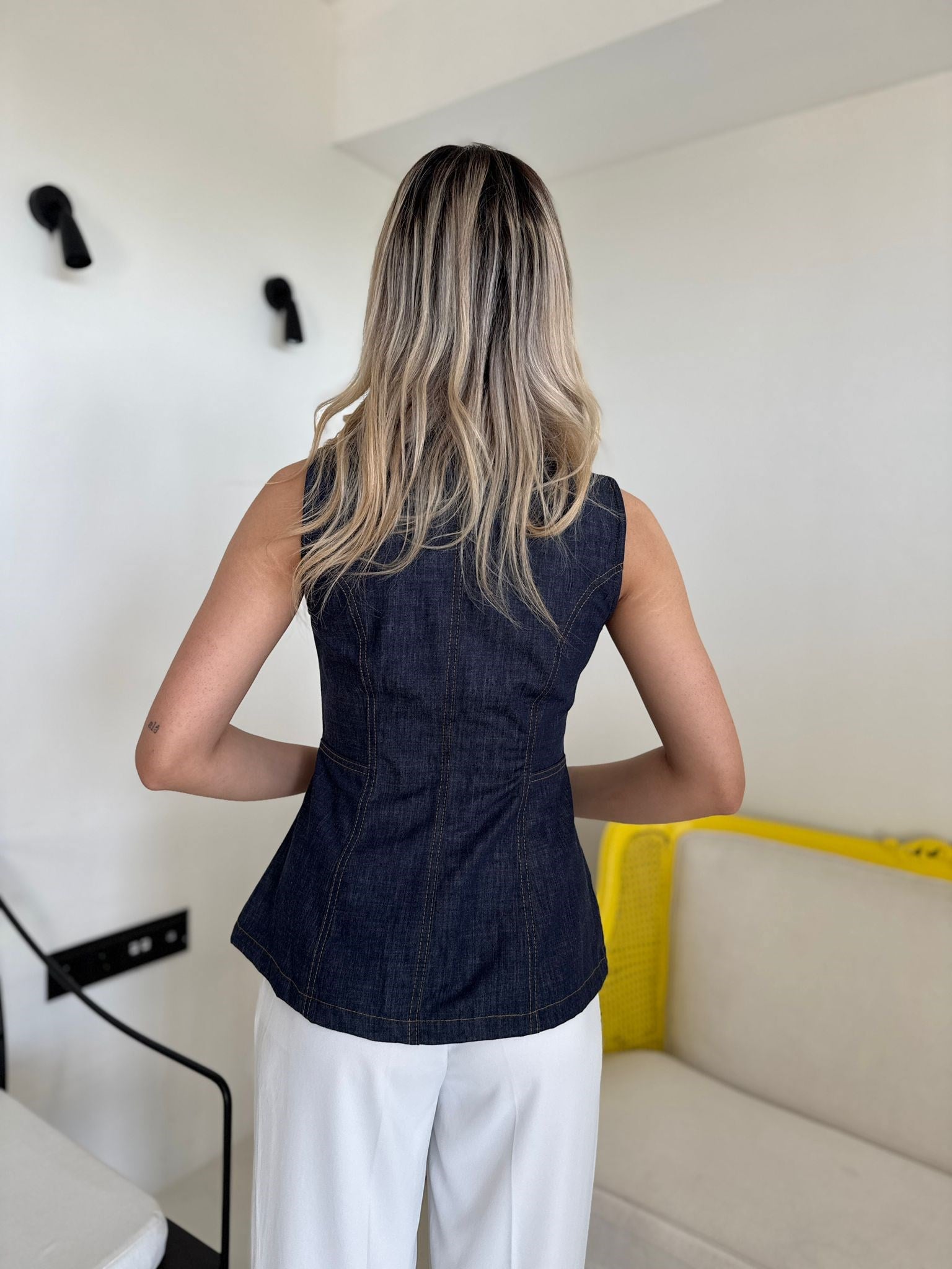 Lacivert Korseli Denim Kolsuz Gömlek