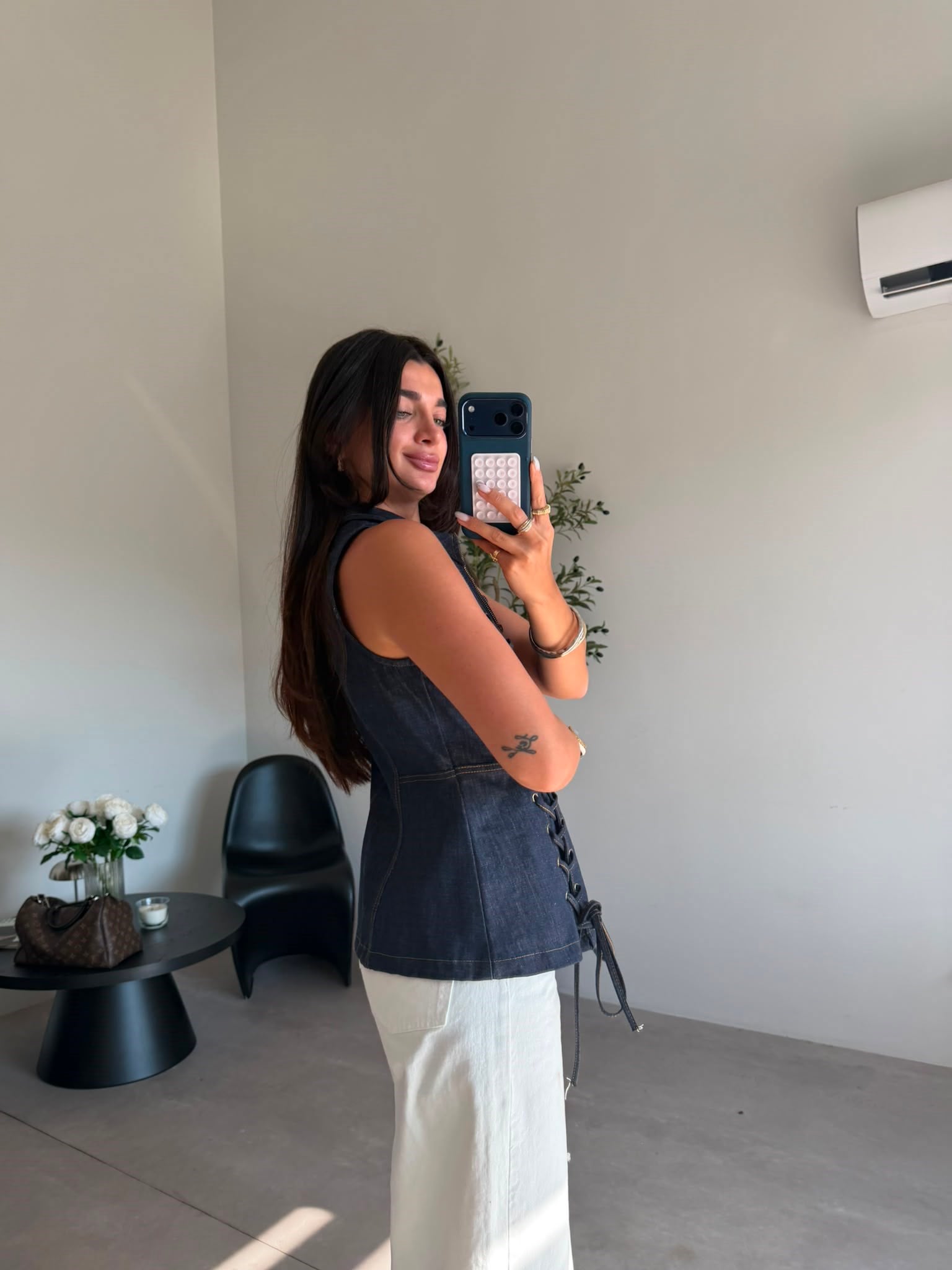 Lacivert Korseli Denim Kolsuz Yelek