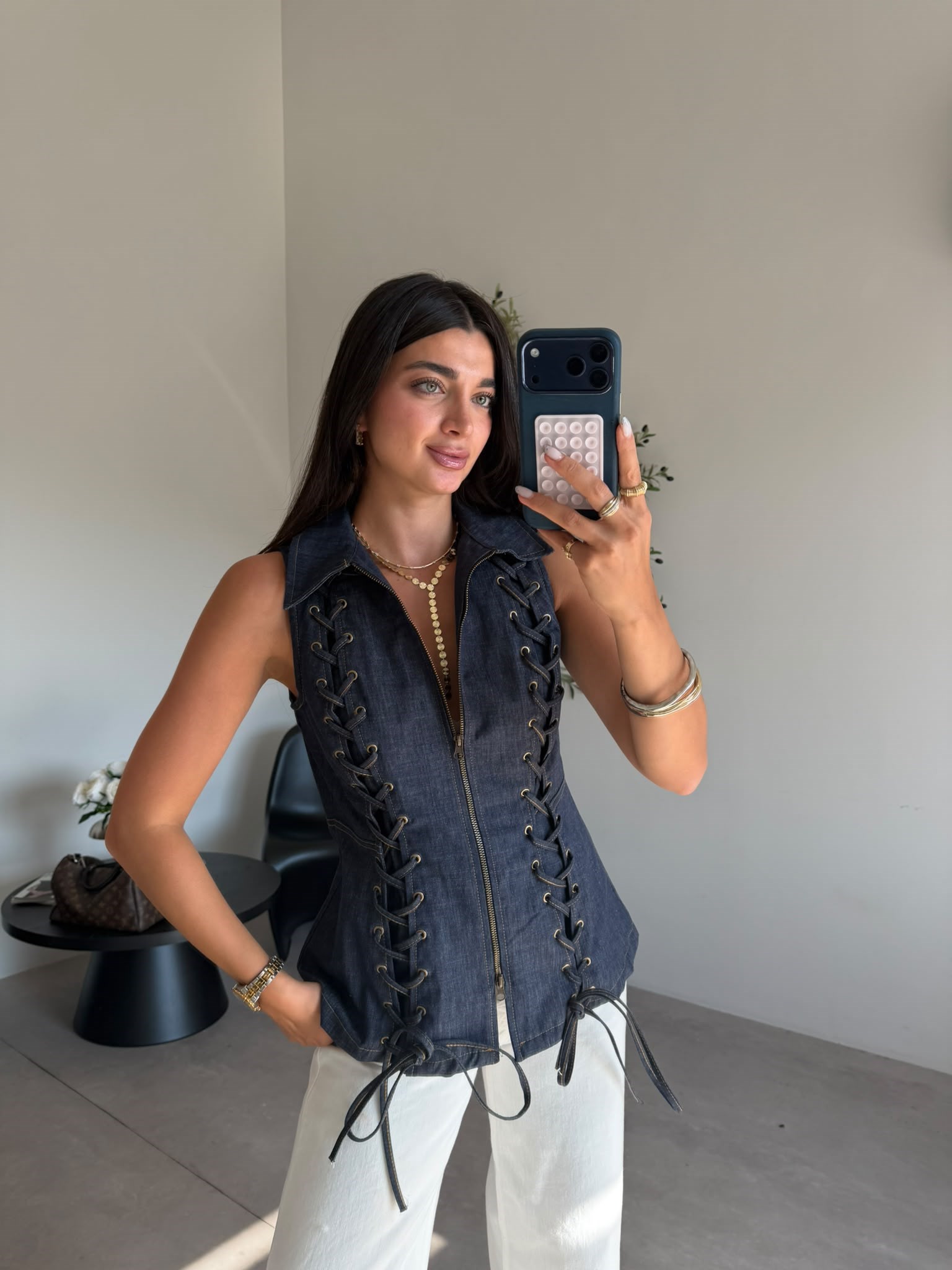 Lacivert Korseli Denim Kolsuz Yelek