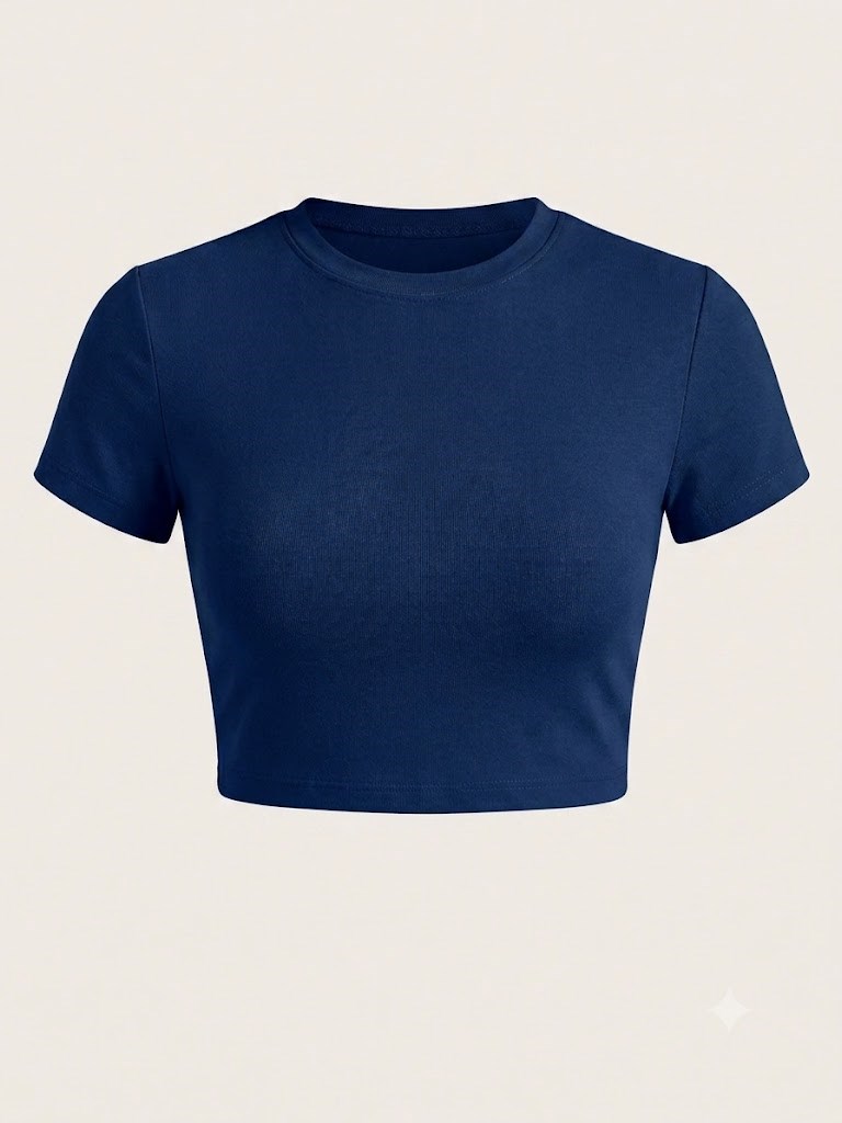 Lacivert Likralı Esnek Leo Crop Tişört