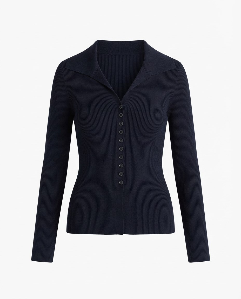 Lacivert Polo Yaka Fitilli Bluz
