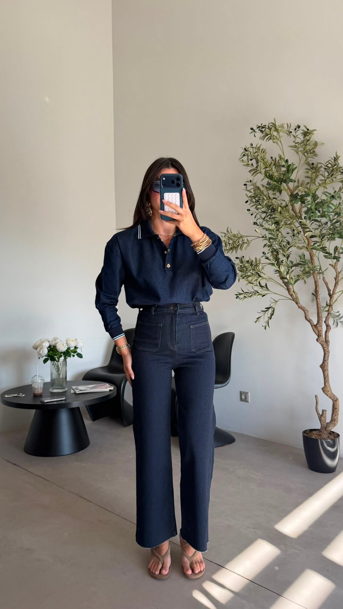 Lacivert Polo Yaka Gold Düğmeli Denim Bluz