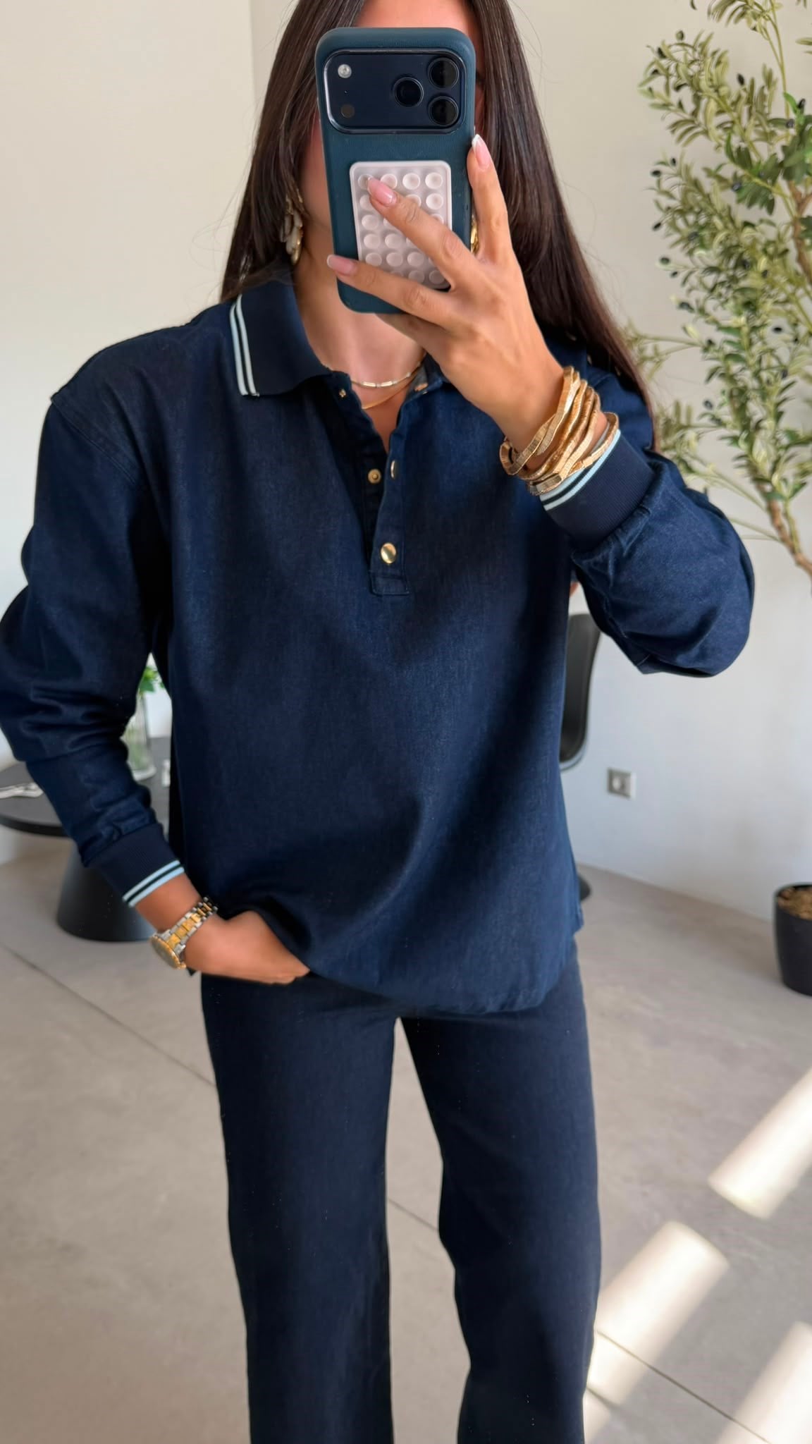 Lacivert Polo Yaka Gold Düğmeli Denim Bluz