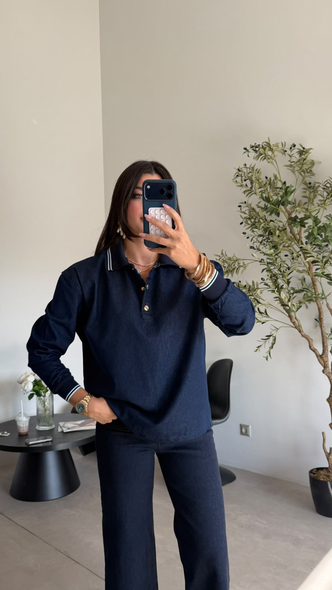 Lacivert Polo Yaka Gold Düğmeli Denim Bluz