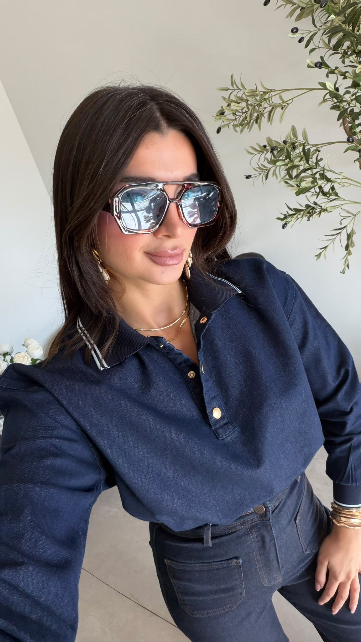 Lacivert Polo Yaka Gold Düğmeli Denim Bluz