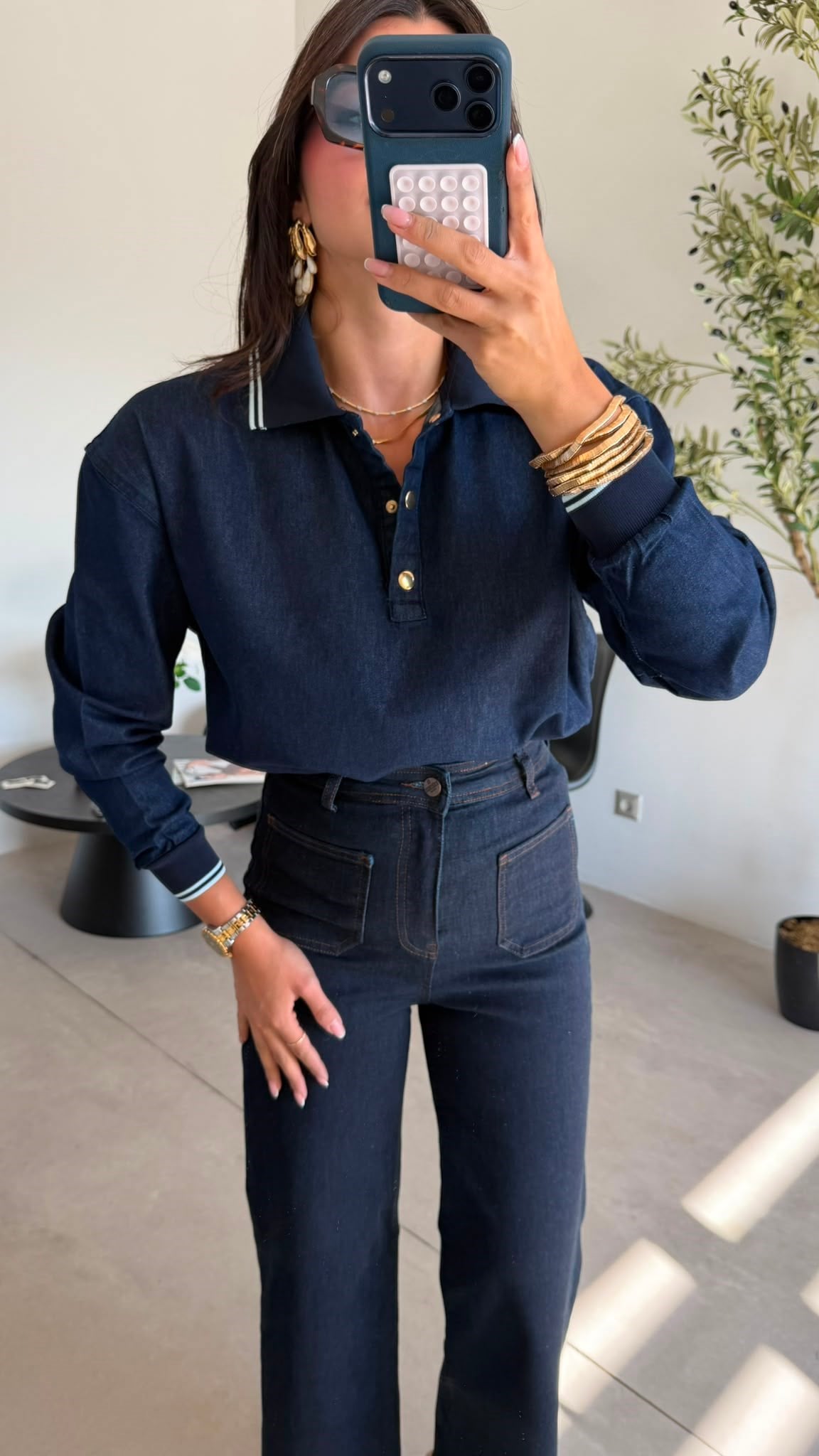 Lacivert Polo Yaka Gold Düğmeli Denim Bluz