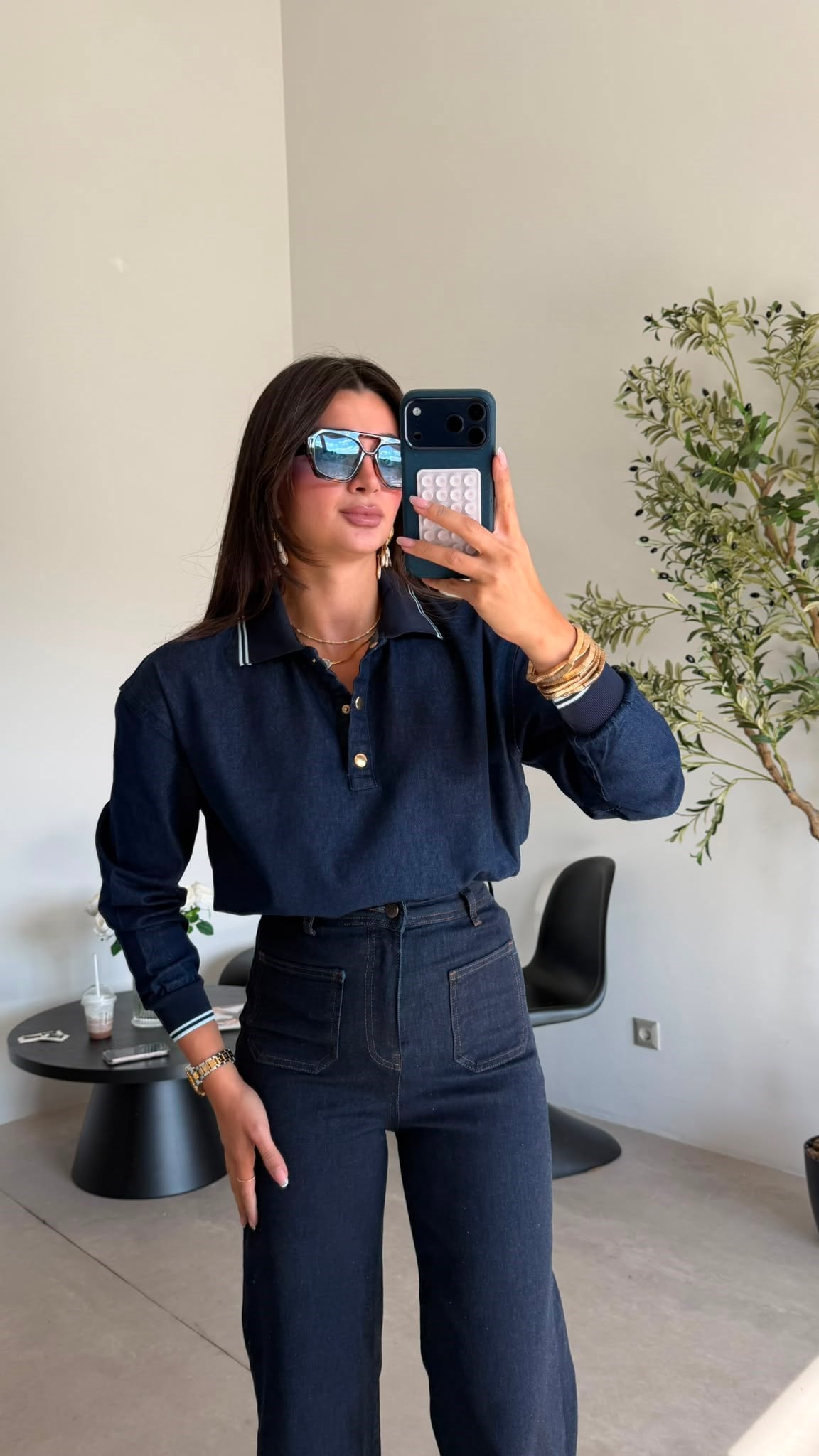 Lacivert Polo Yaka Gold Düğmeli Denim Bluz